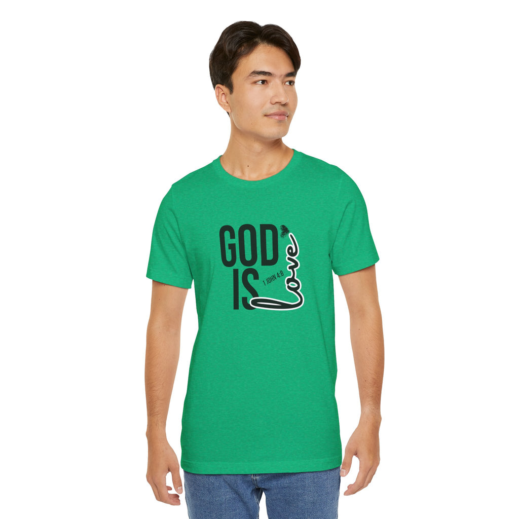 God Is Love T‑Shirt — Christian Faith Tee with Script Heart Design