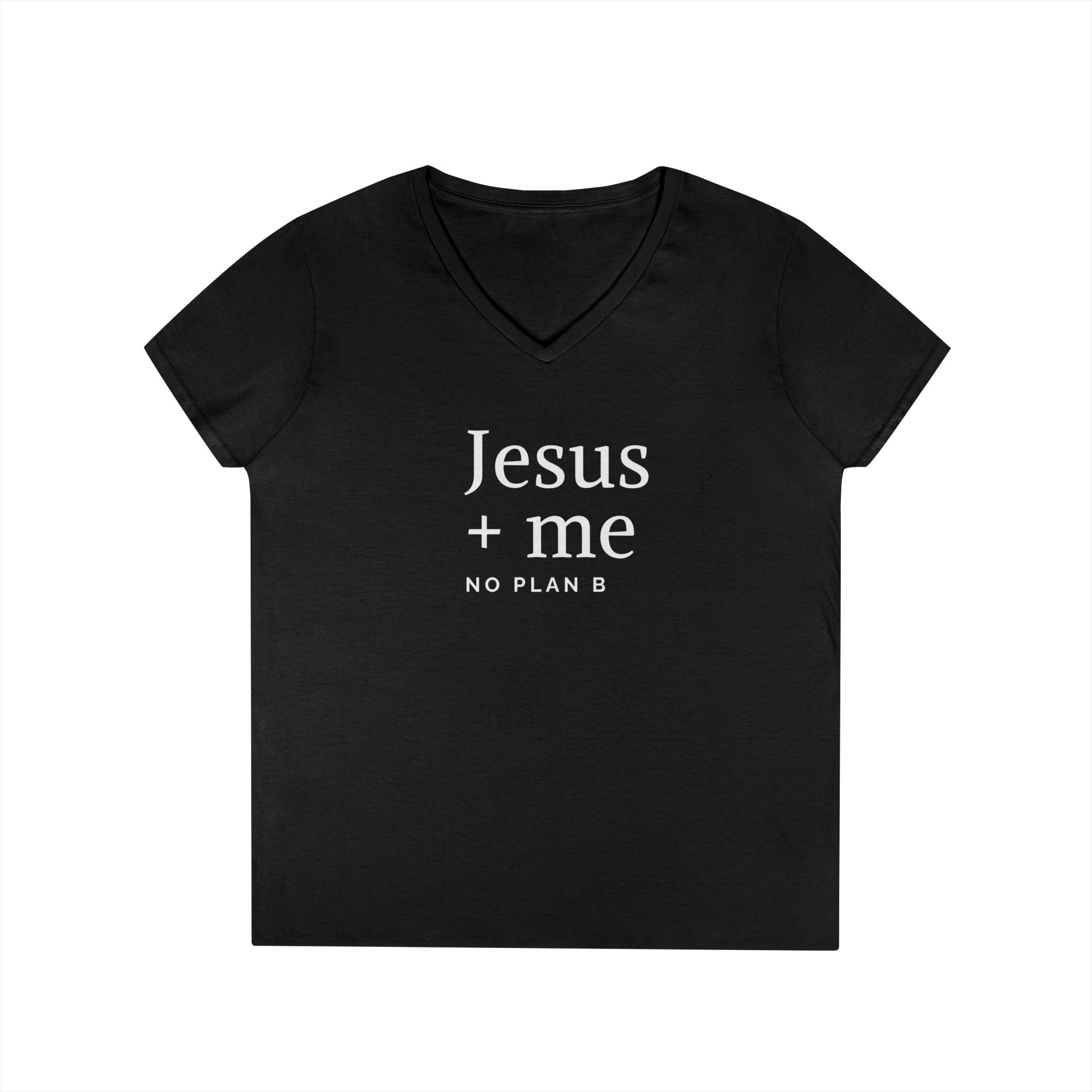 Jesus + Me V-Neck Tee — No Plan B Christian Women’s T-Shirt with Cross Back Design