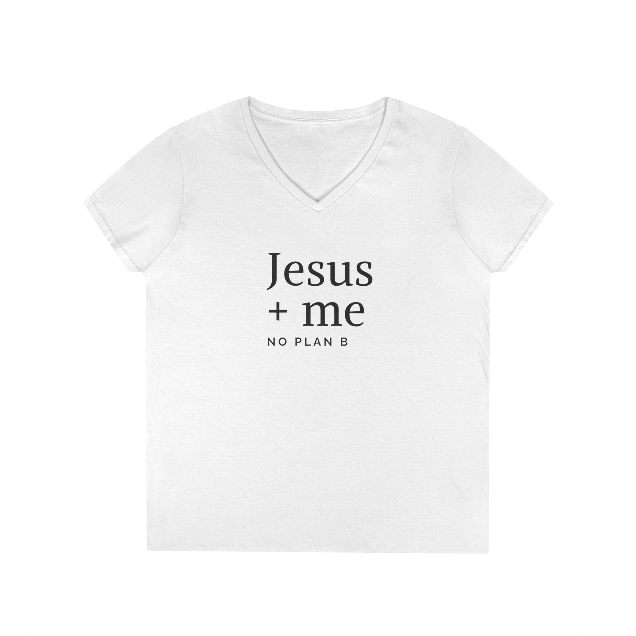 Jesus + Me V-Neck Tee — No Plan B Christian Women’s T-Shirt with Cross Back Design