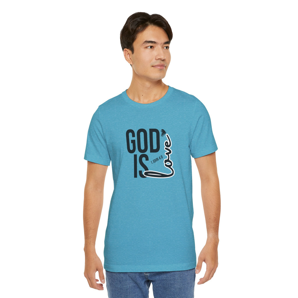 God Is Love T‑Shirt — Christian Faith Tee with Script Heart Design