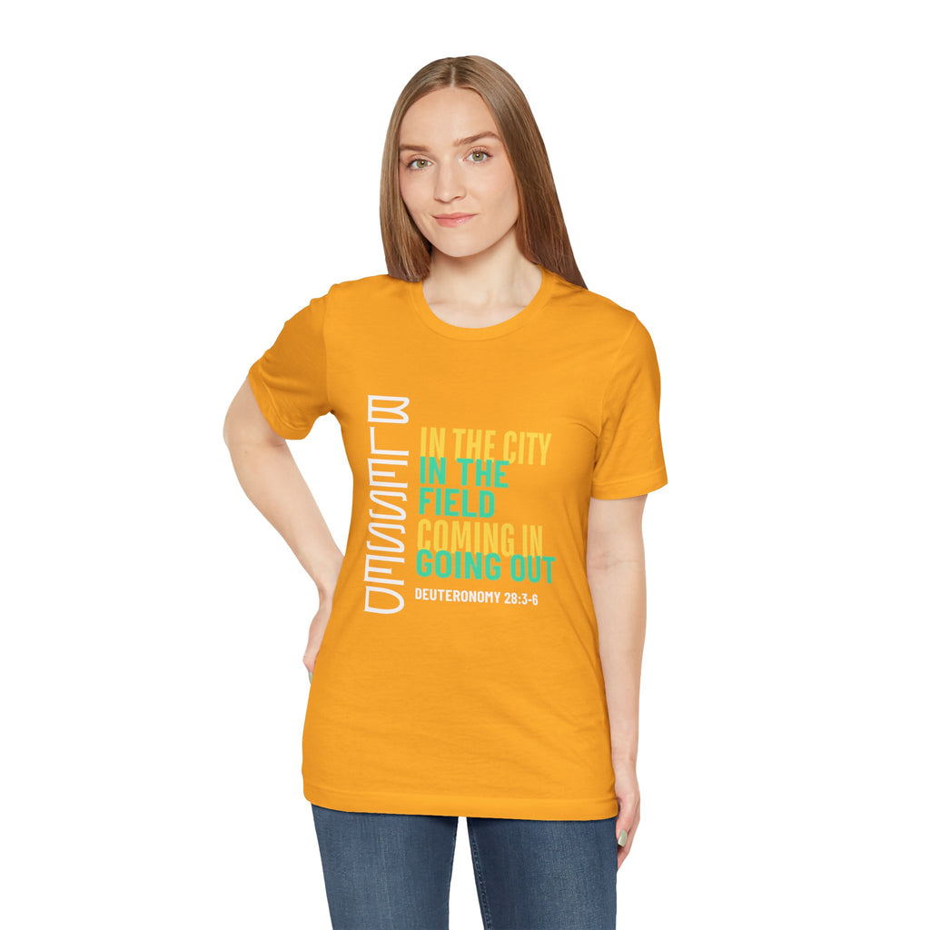 Blessed vertical text T-Shirt | In the city, in the field, coming in, going out