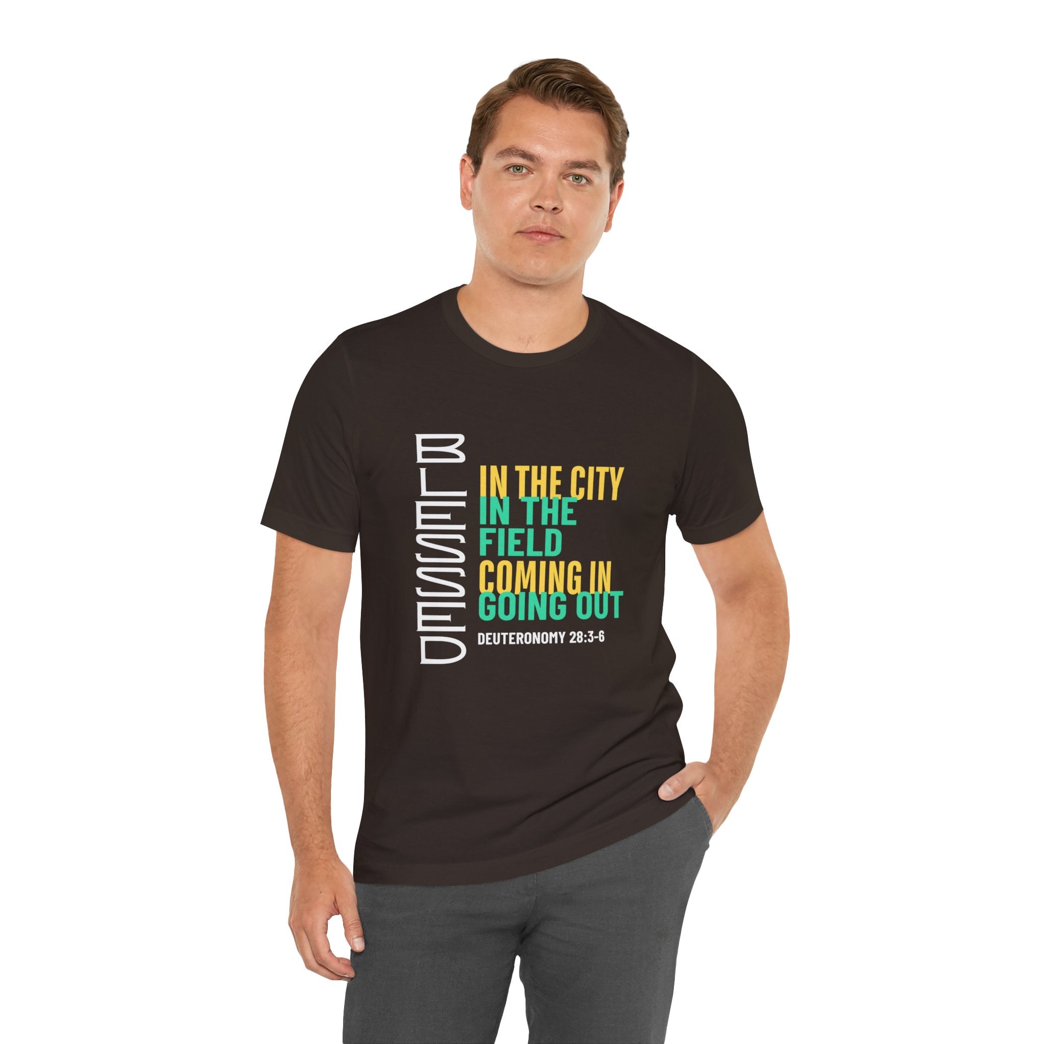 Blessed vertical text T-Shirt | In the city, in the field, coming in, going out