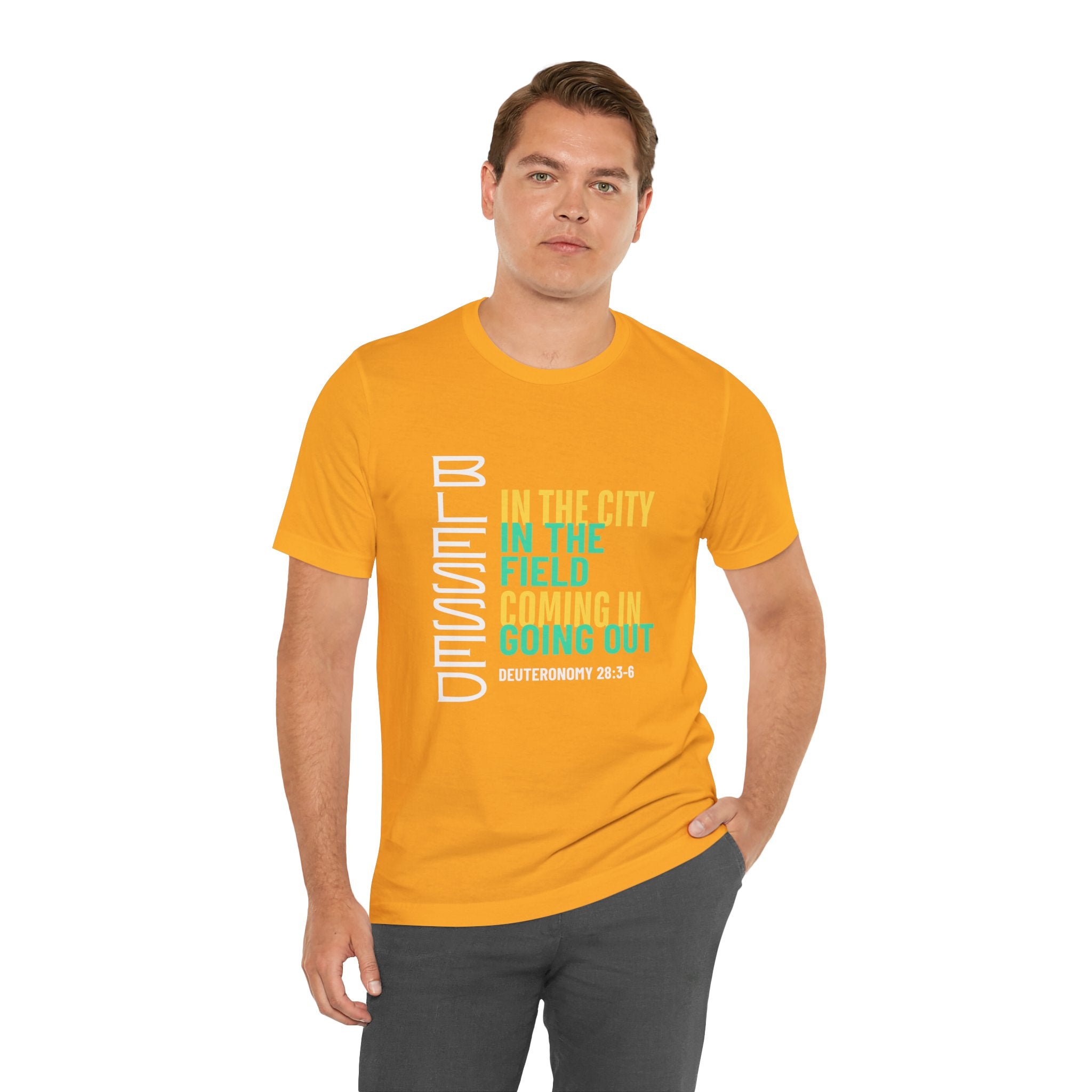 Blessed vertical text T-Shirt | In the city, in the field, coming in, going out