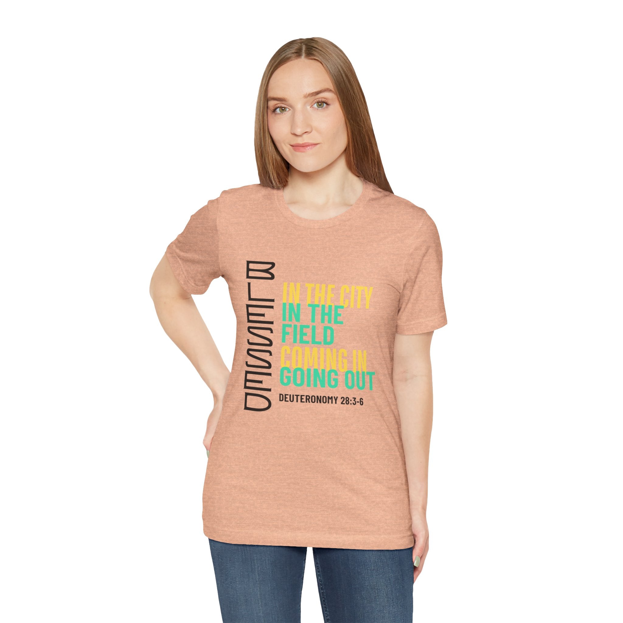 Blessed vertical text T-Shirt | In the city, in the field, coming in, going out