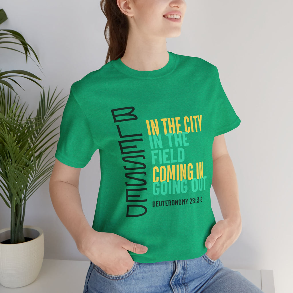 Blessed vertical text T-Shirt | In the city, in the field, coming in, going out