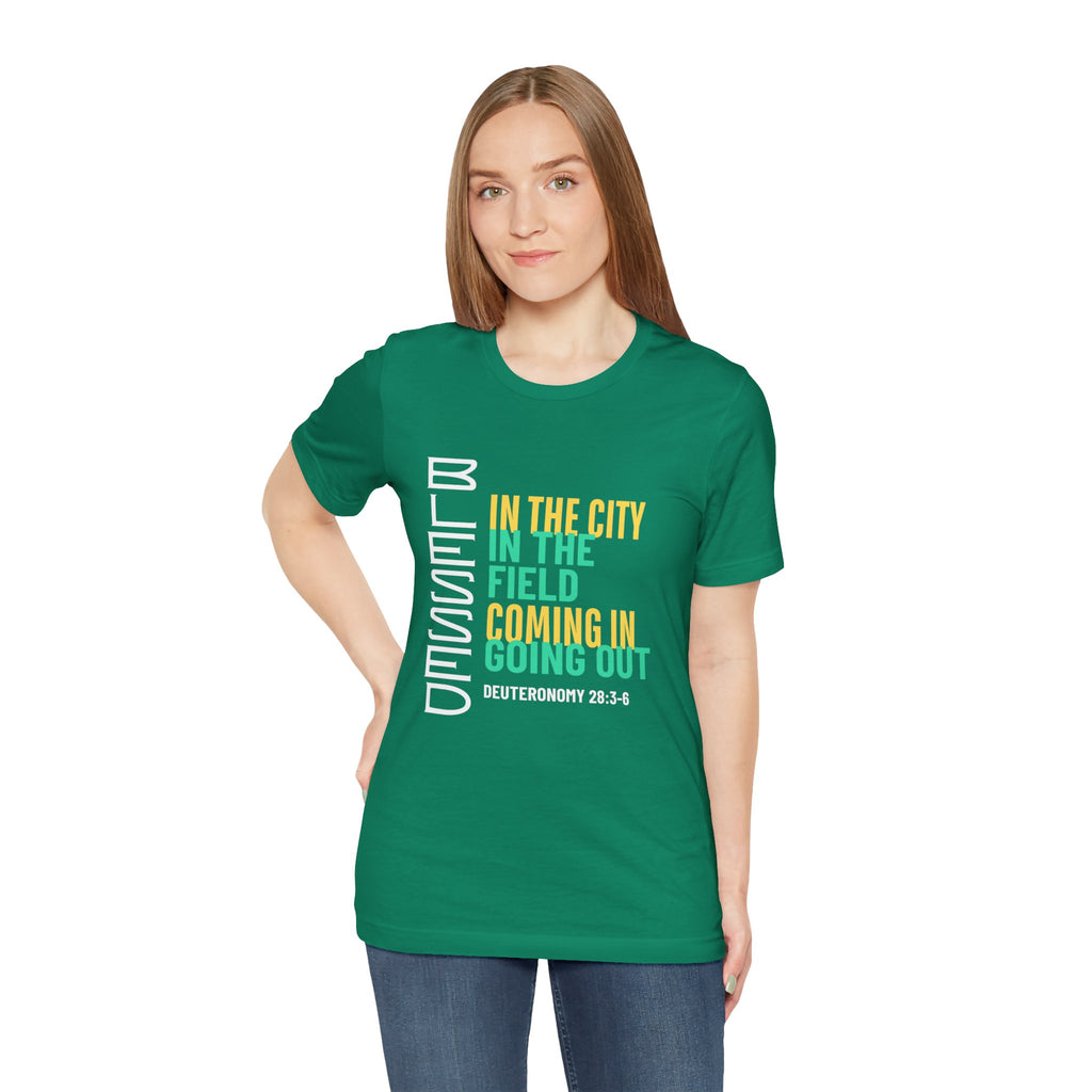 Blessed vertical text T-Shirt | In the city, in the field, coming in, going out