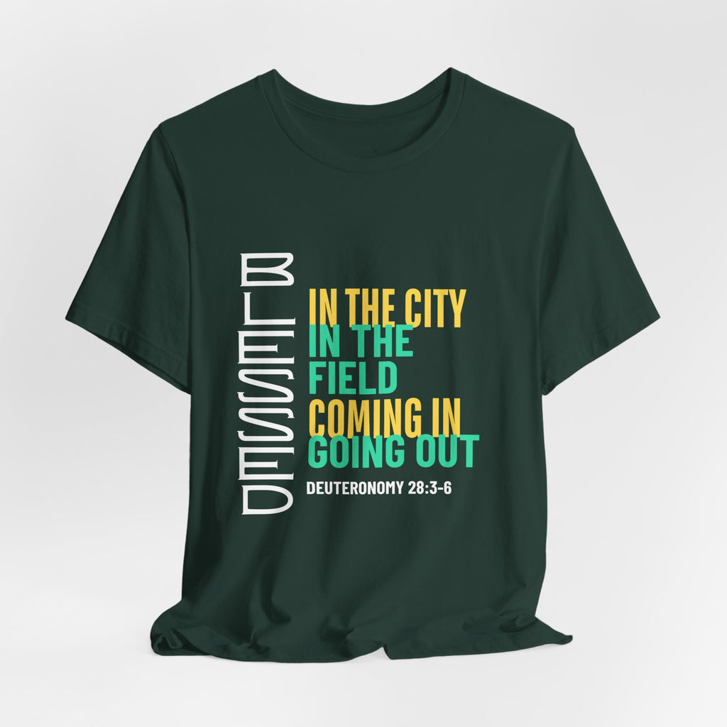 Blessed vertical text T-Shirt | In the city, in the field, coming in, going out