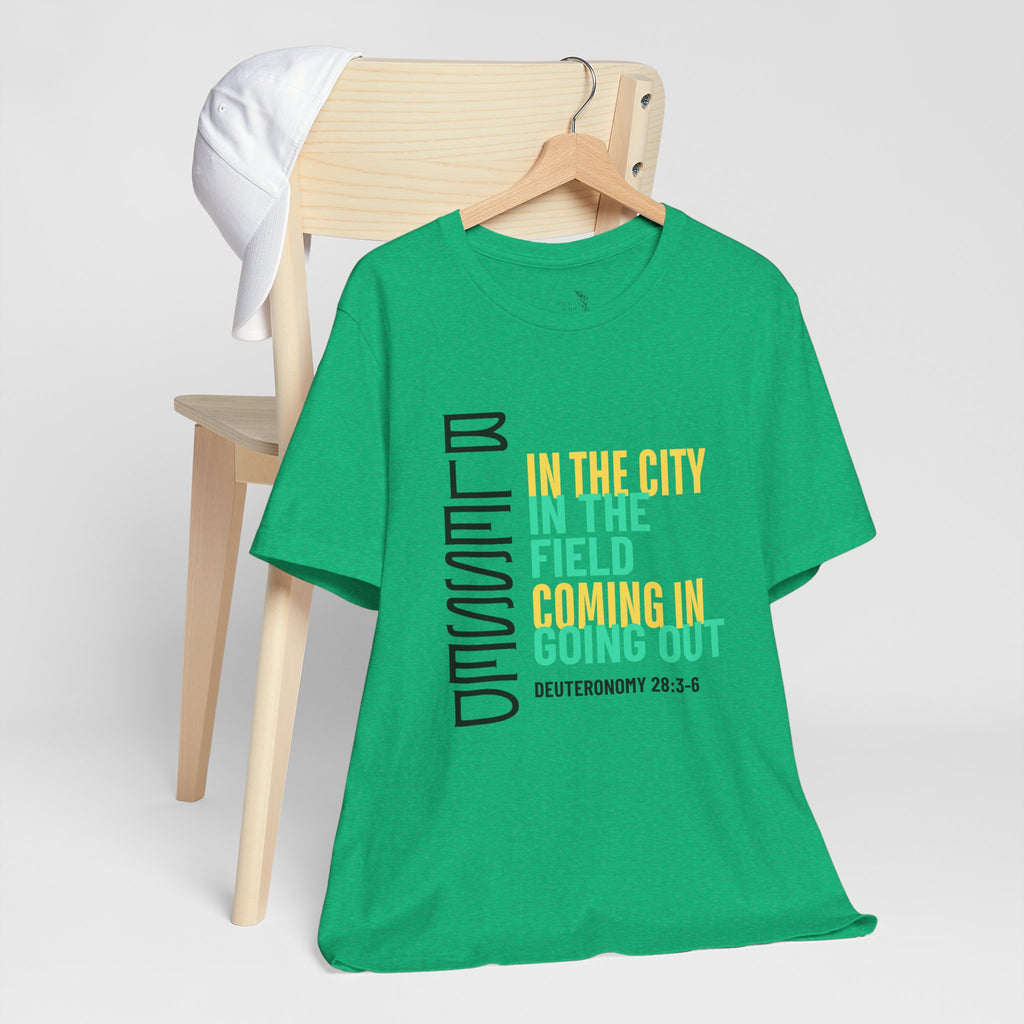 Blessed vertical text T-Shirt | In the city, in the field, coming in, going out