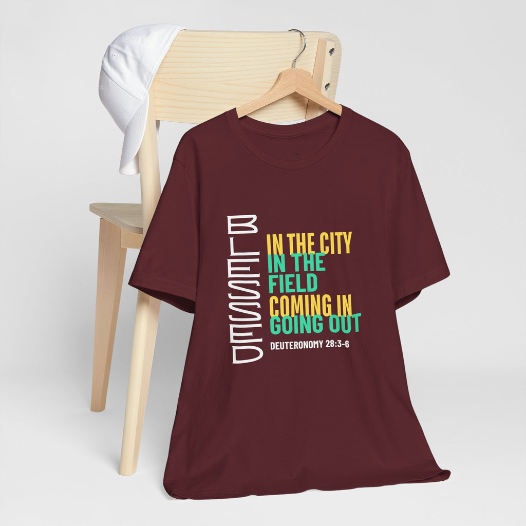 Blessed vertical text T-Shirt | In the city, in the field, coming in, going out