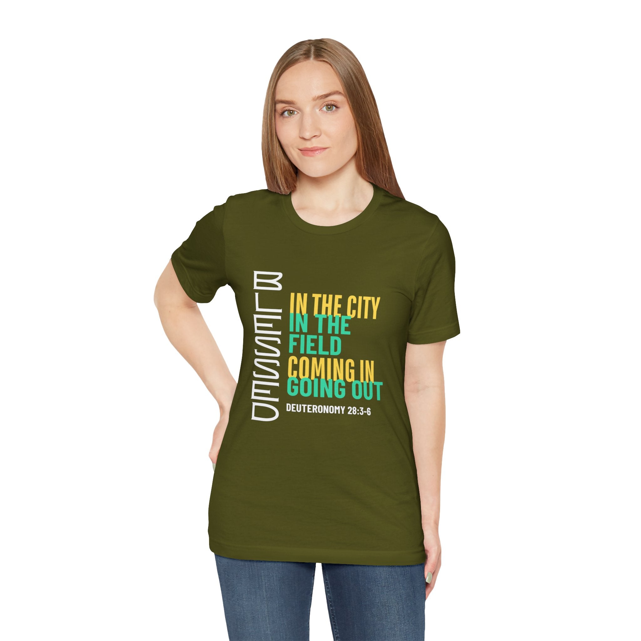 Blessed vertical text T-Shirt | In the city, in the field, coming in, going out