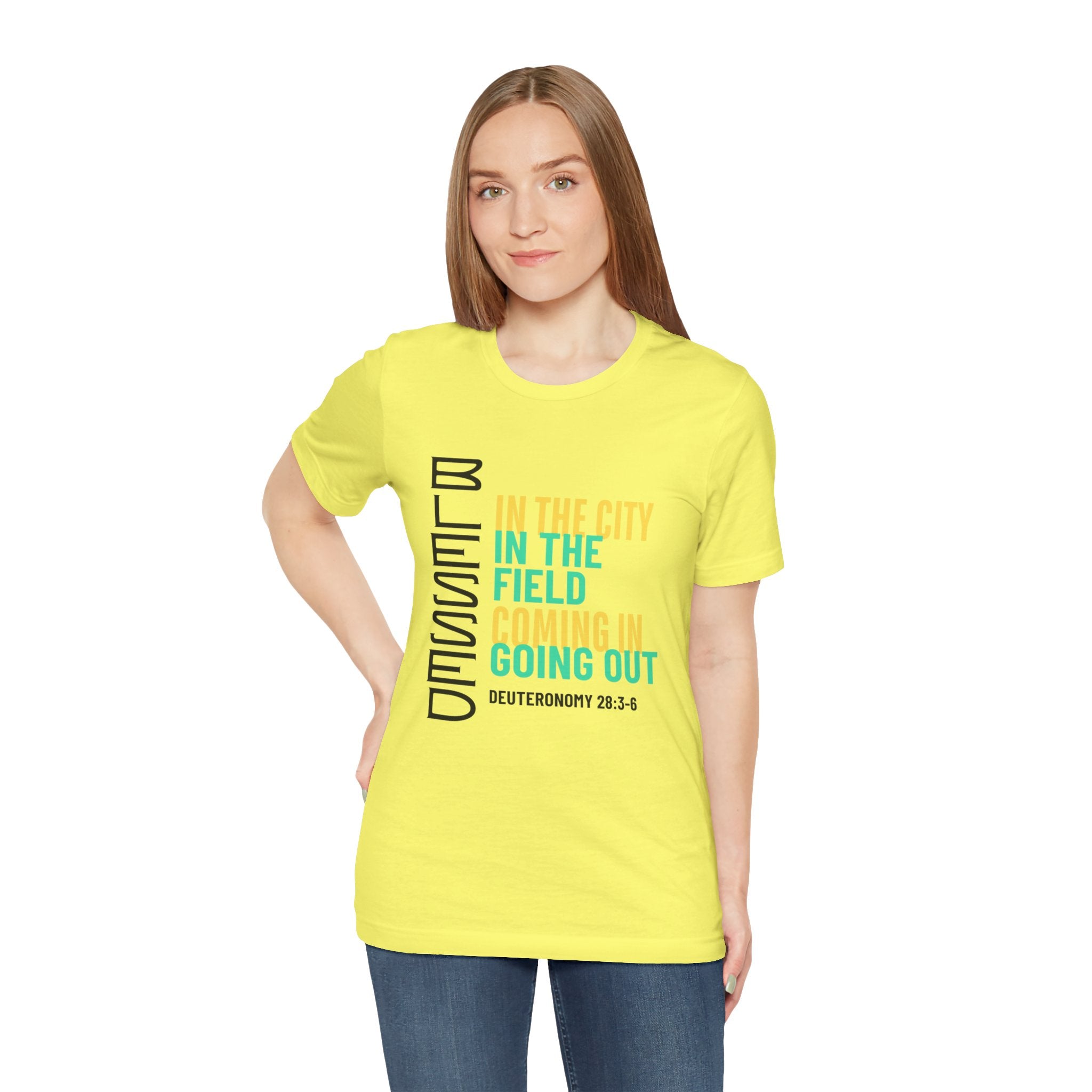 Blessed vertical text T-Shirt | In the city, in the field, coming in, going out