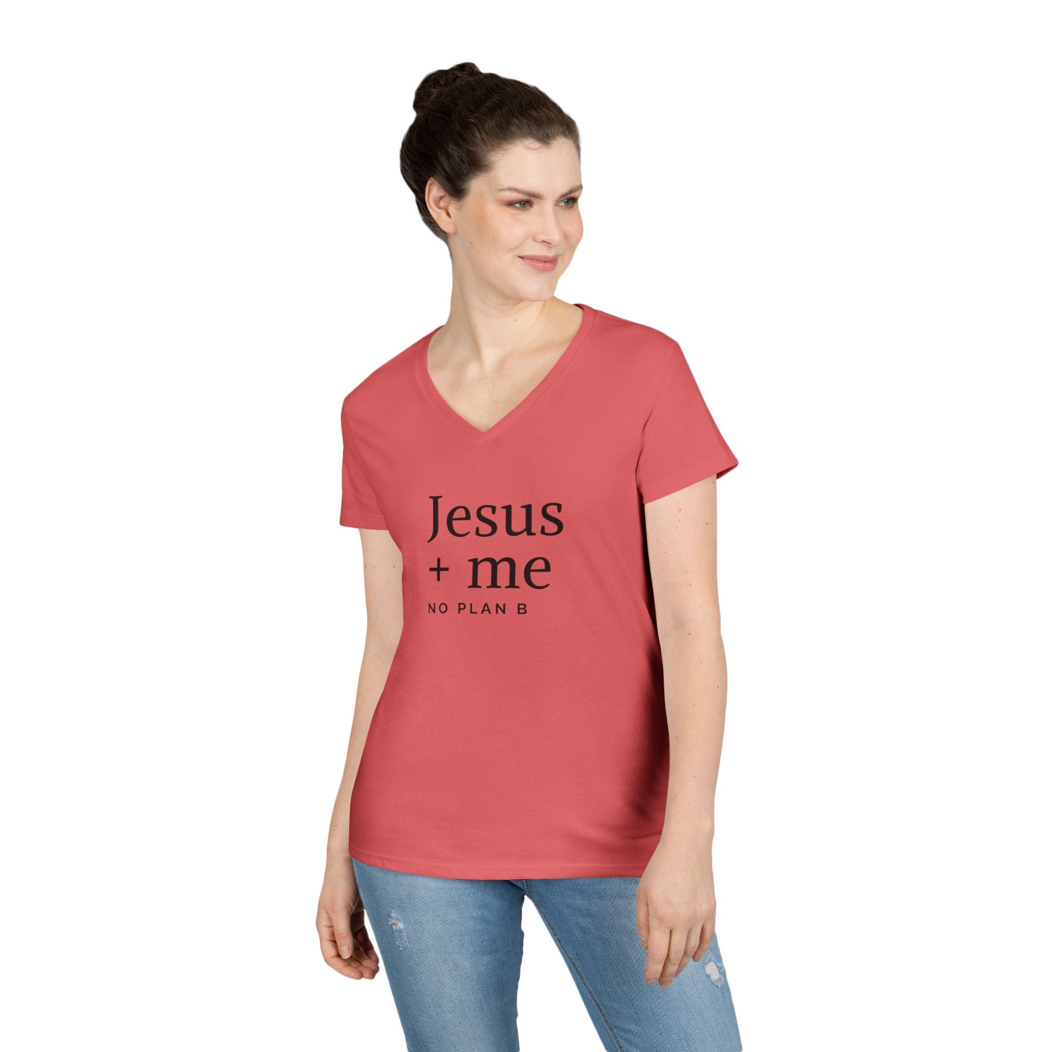 Jesus + Me V-Neck Tee — No Plan B Christian Women’s T-Shirt with Cross Back Design