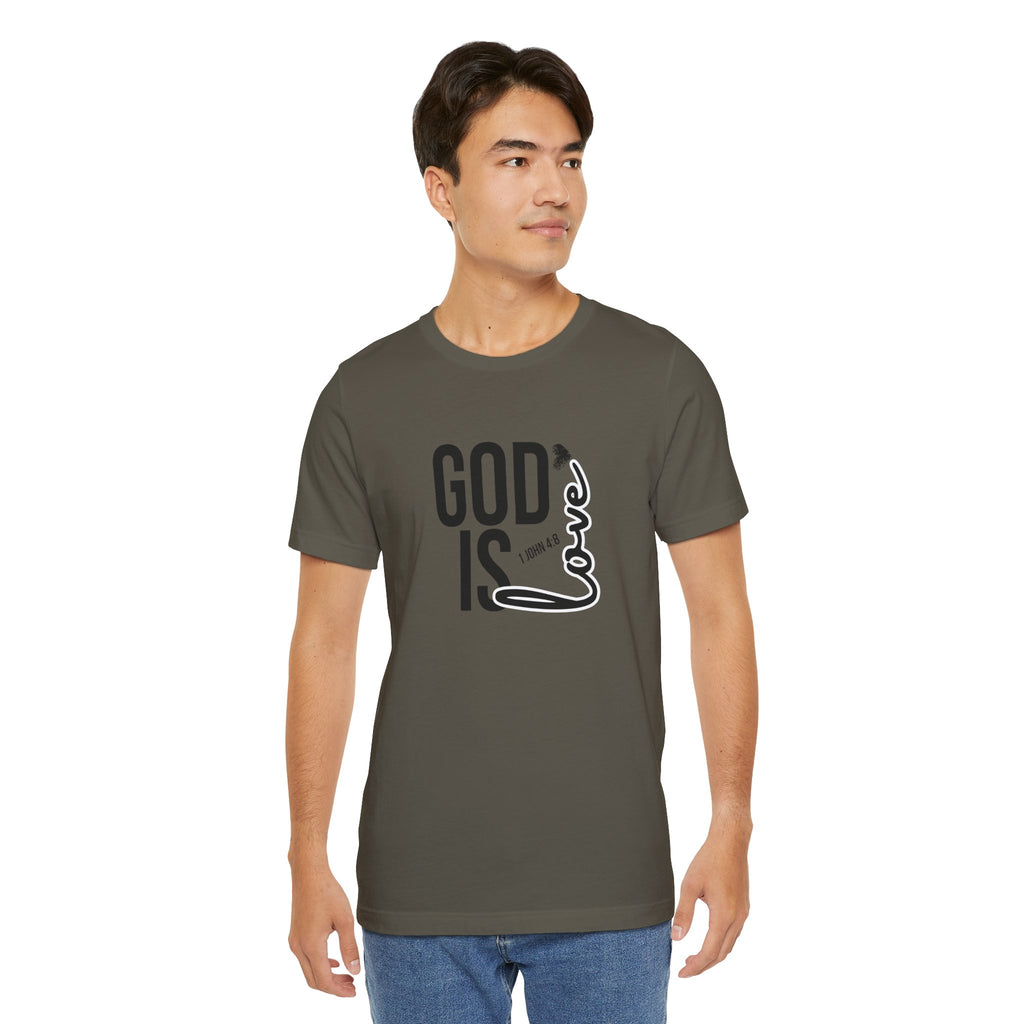 God Is Love T‑Shirt — Christian Faith Tee with Script Heart Design
