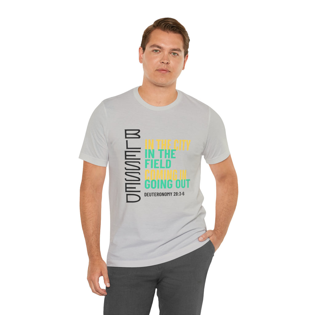 Blessed vertical text T-Shirt | In the city, in the field, coming in, going out