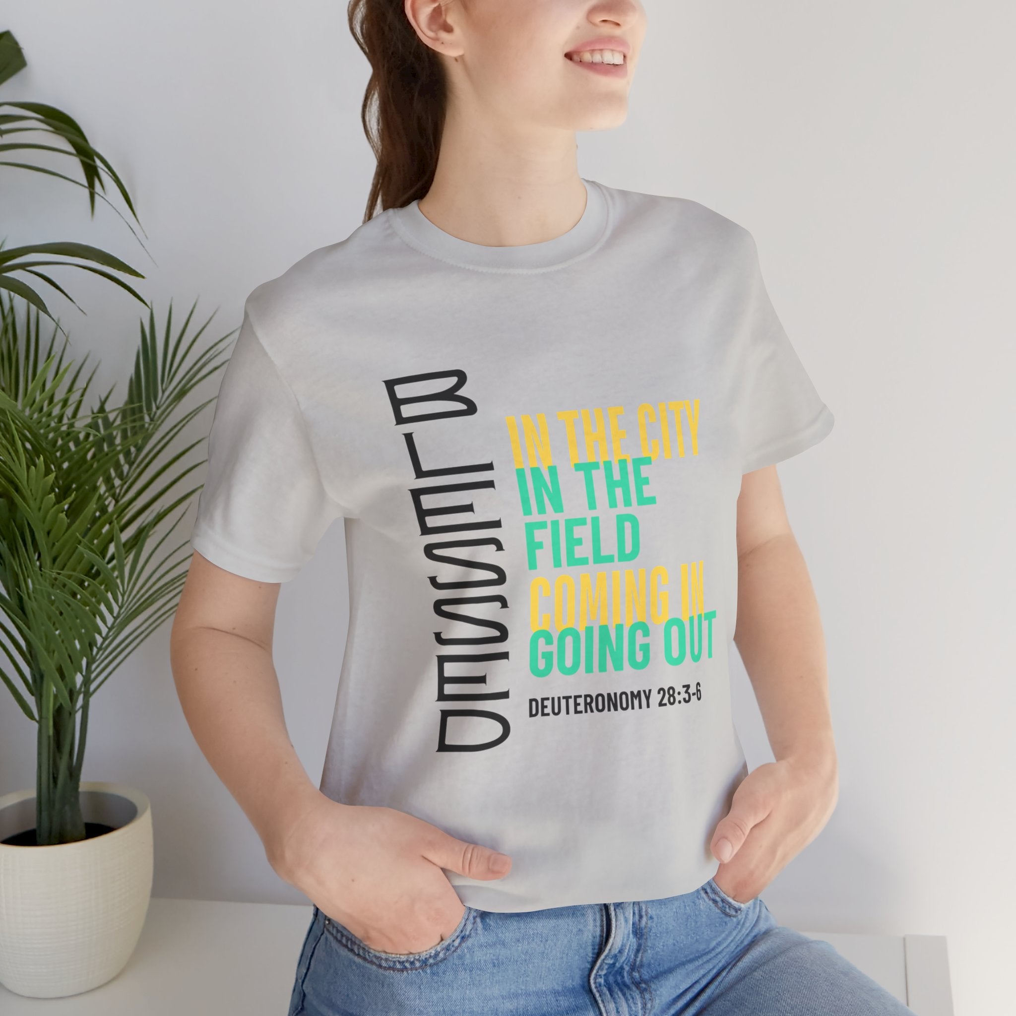 Blessed vertical text T-Shirt | In the city, in the field, coming in, going out