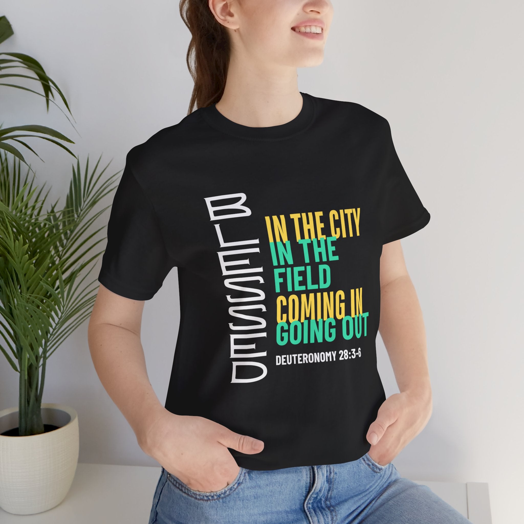 Blessed vertical text T-Shirt | In the city, in the field, coming in, going out