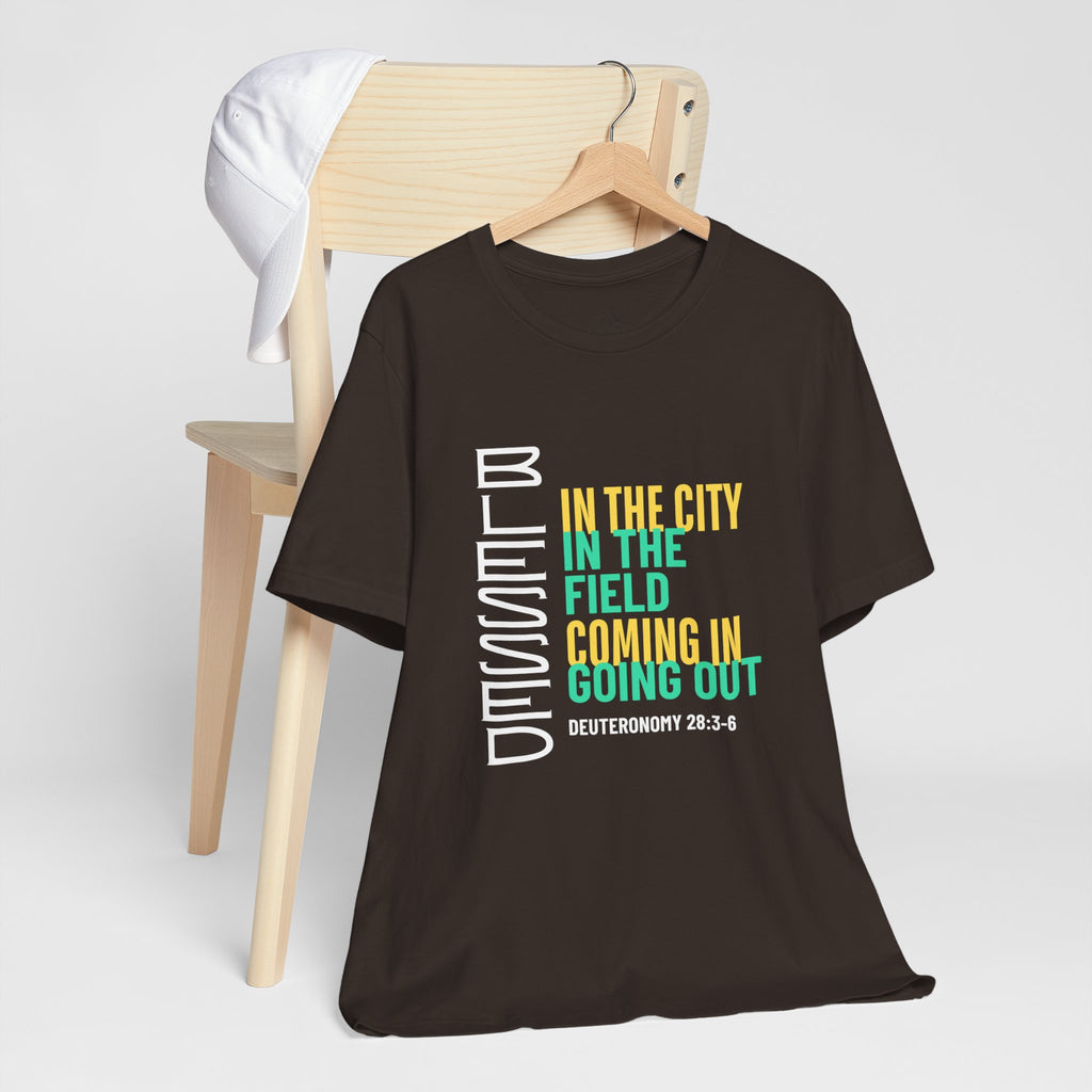 Blessed vertical text T-Shirt | In the city, in the field, coming in, going out