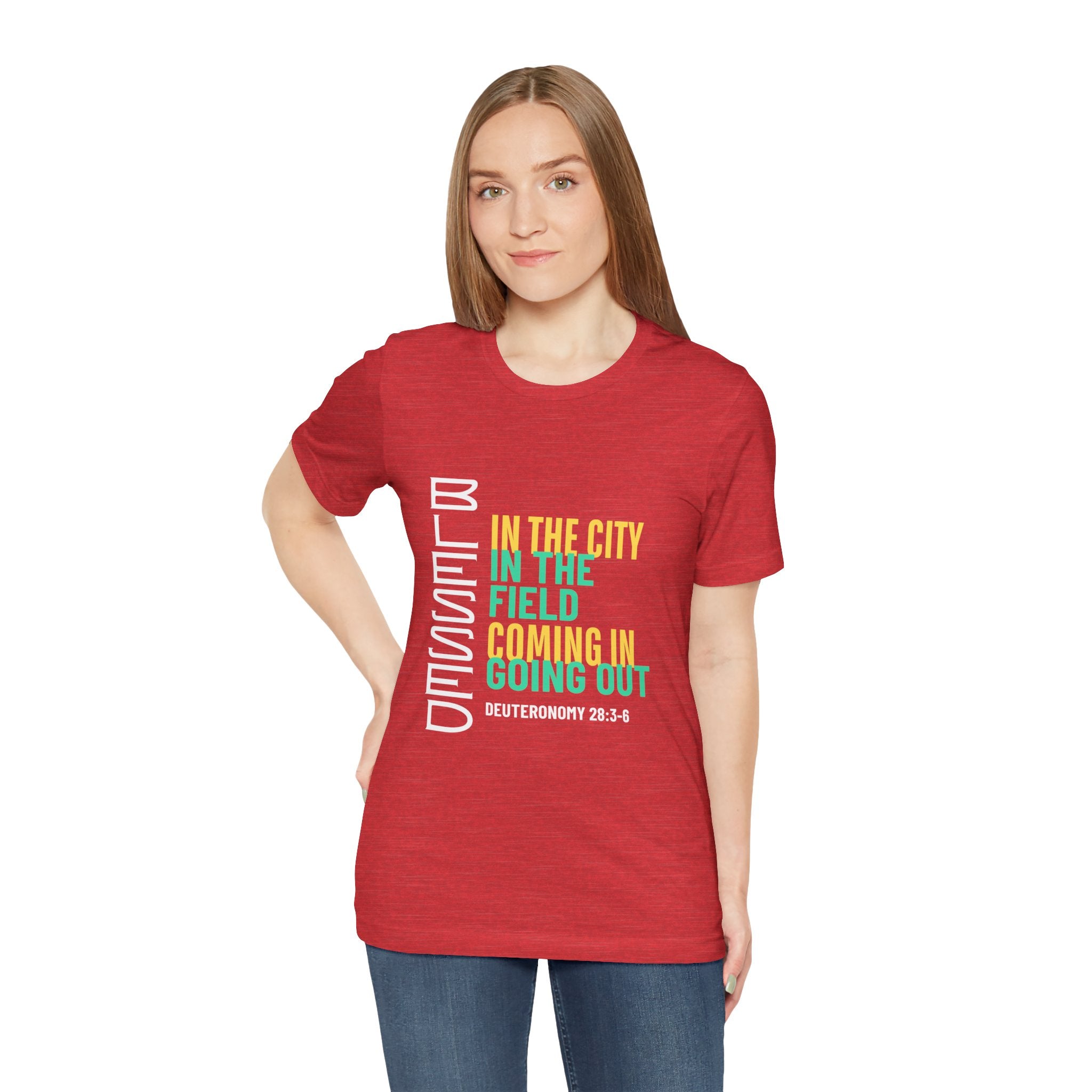 Blessed vertical text T-Shirt | In the city, in the field, coming in, going out