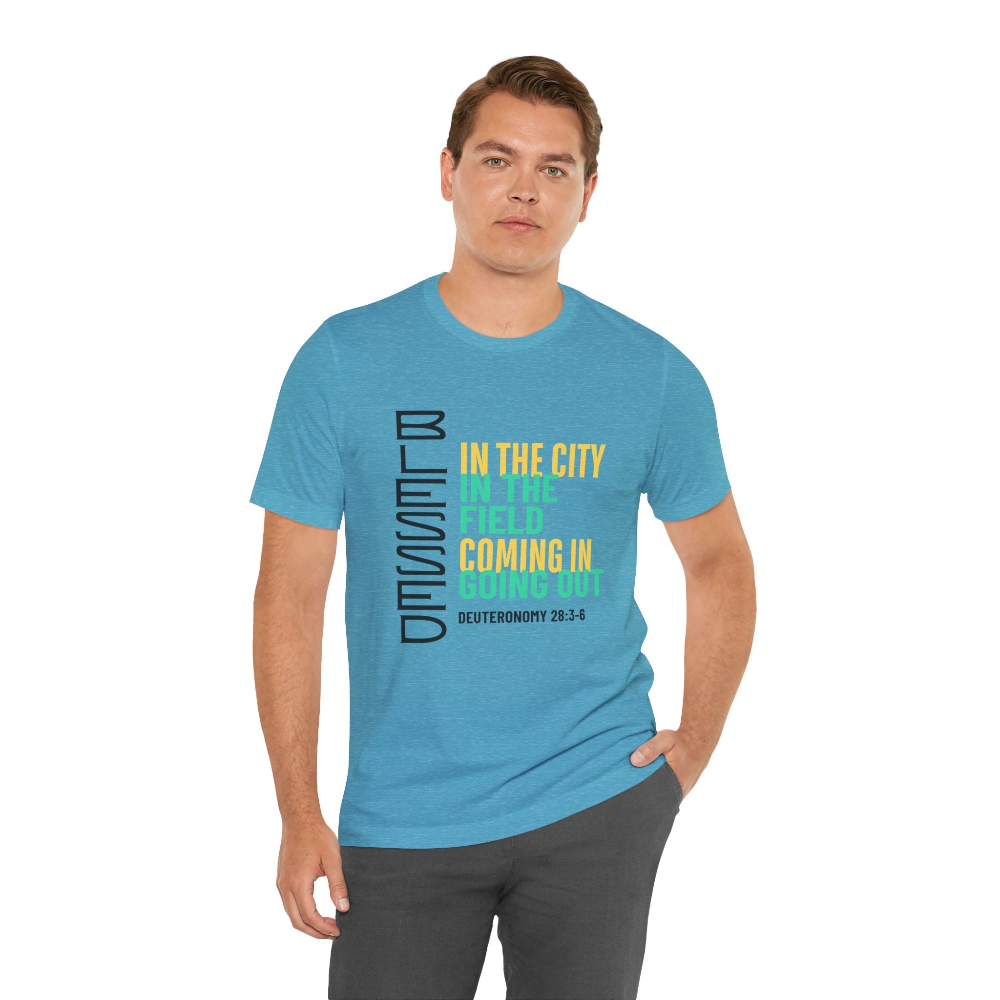 Blessed vertical text T-Shirt | In the city, in the field, coming in, going out