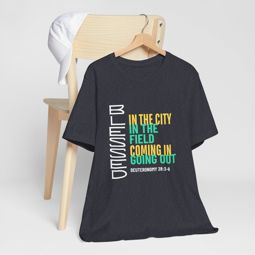 Blessed vertical text T-Shirt | In the city, in the field, coming in, going out