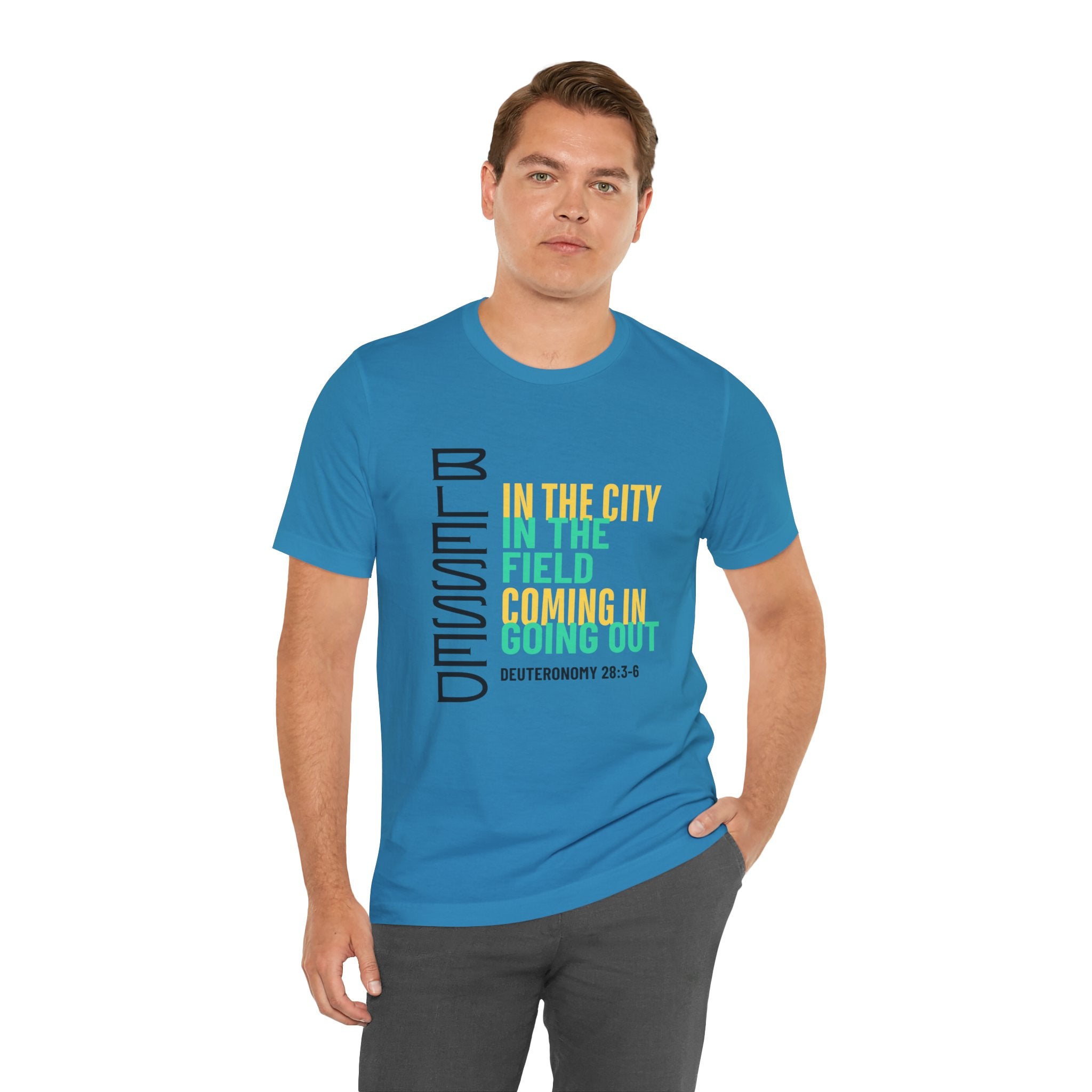 Blessed vertical text T-Shirt | In the city, in the field, coming in, going out