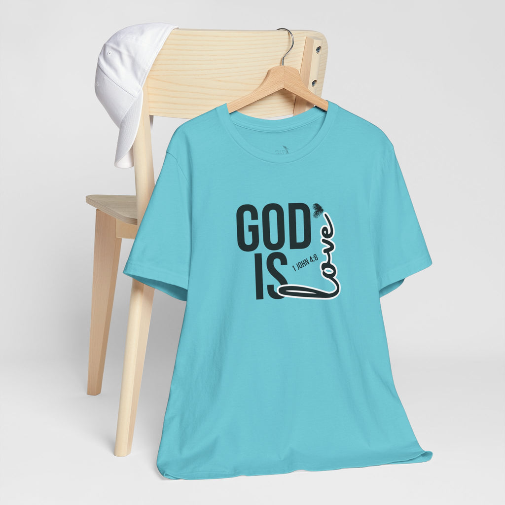 God Is Love T‑Shirt — Christian Faith Tee with Script Heart Design