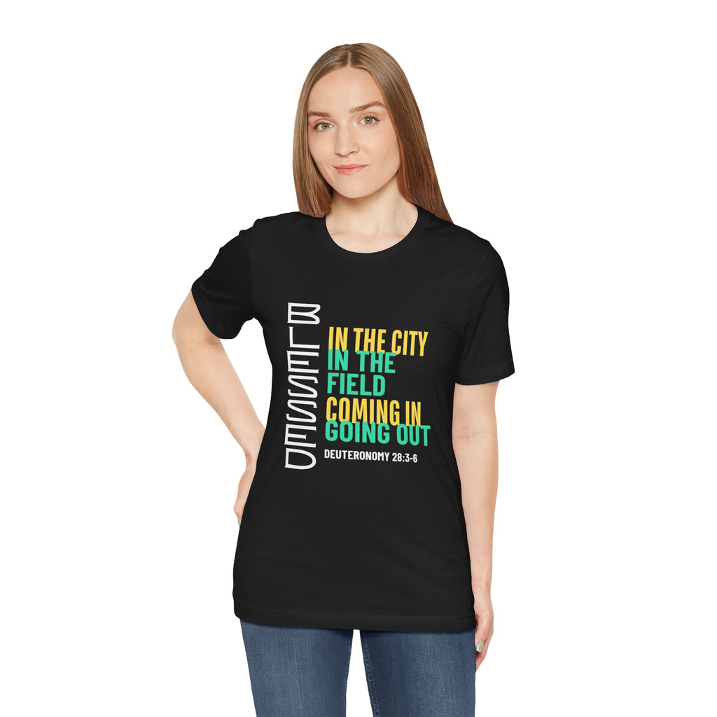 Blessed vertical text T-Shirt | In the city, in the field, coming in, going out