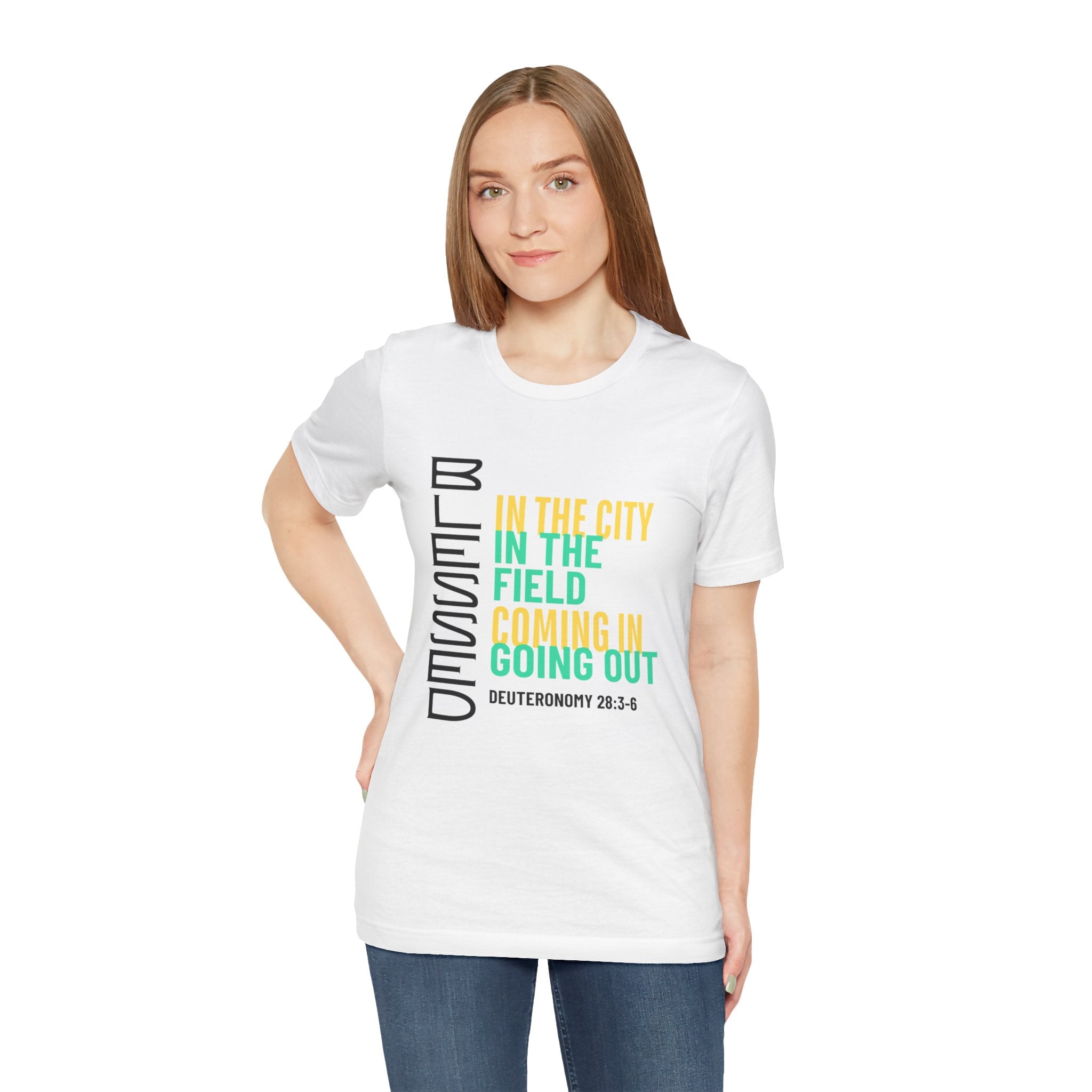 Blessed vertical text T-Shirt | In the city, in the field, coming in, going out