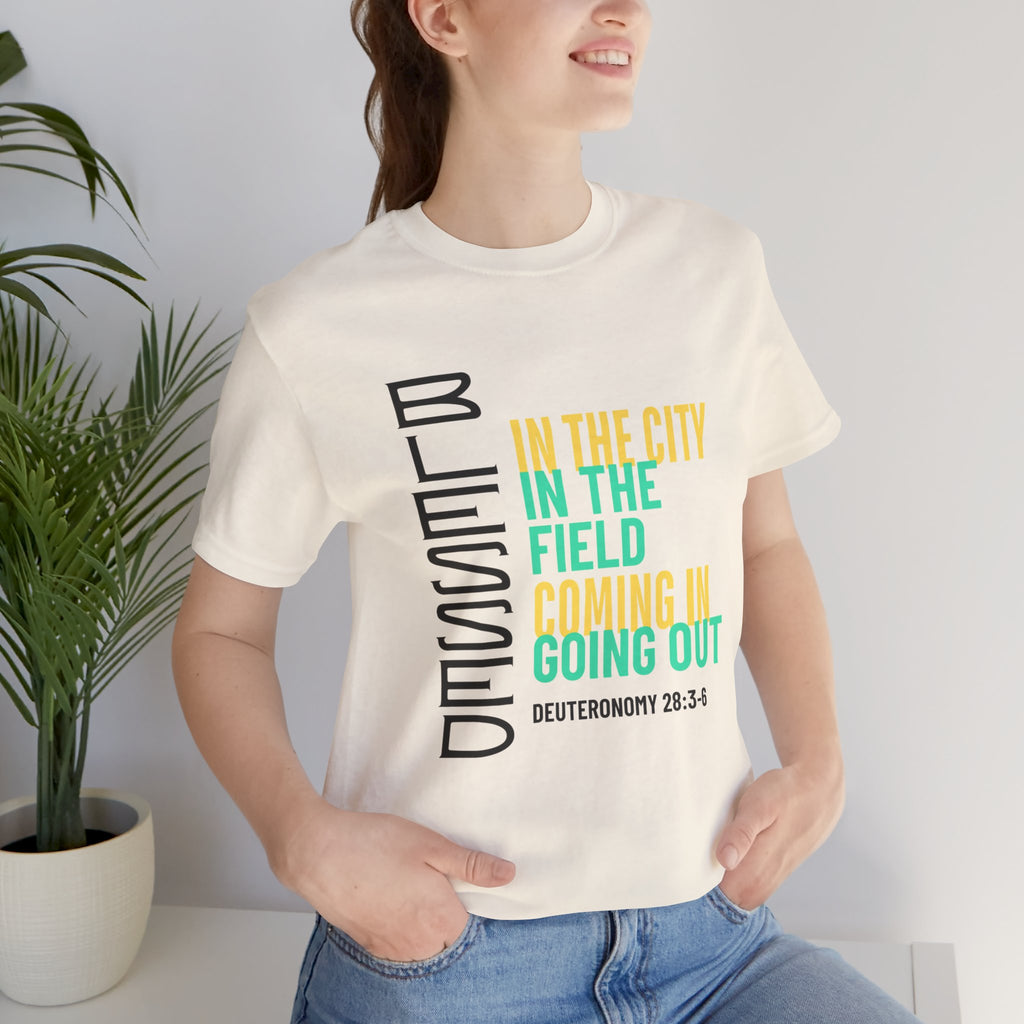 Blessed vertical text T-Shirt | In the city, in the field, coming in, going out