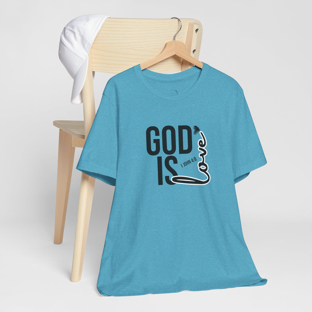 God Is Love T‑Shirt — Christian Faith Tee with Script Heart Design