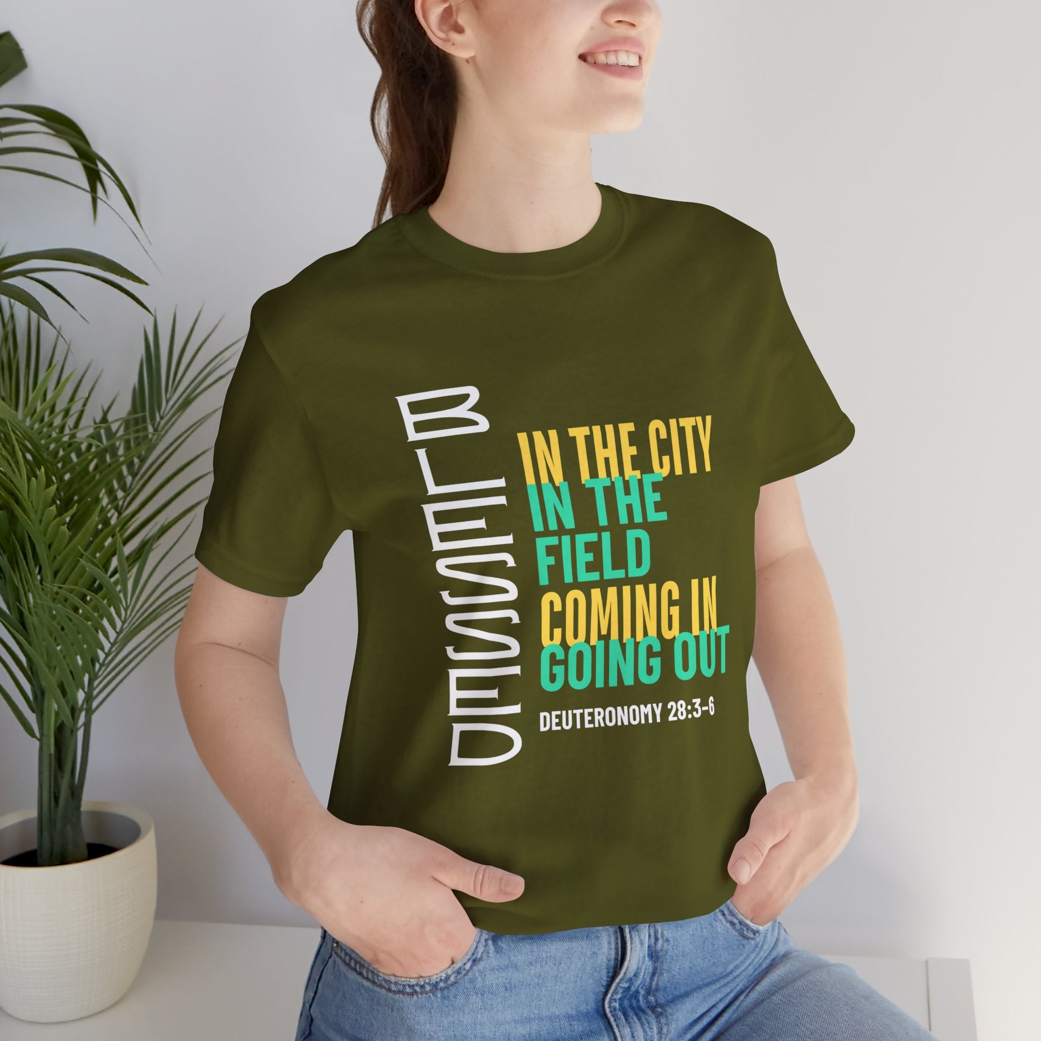 Blessed vertical text T-Shirt | In the city, in the field, coming in, going out