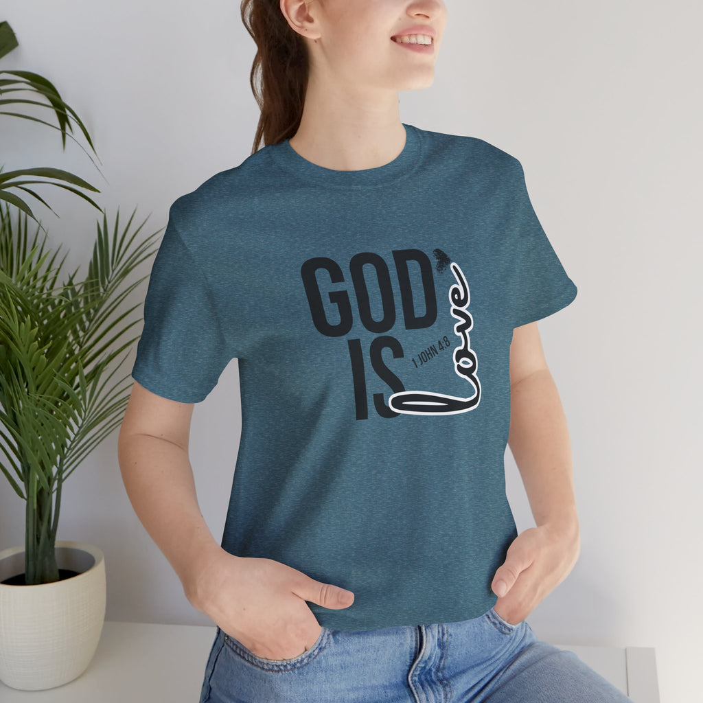 God Is Love T‑Shirt — Christian Faith Tee with Script Heart Design