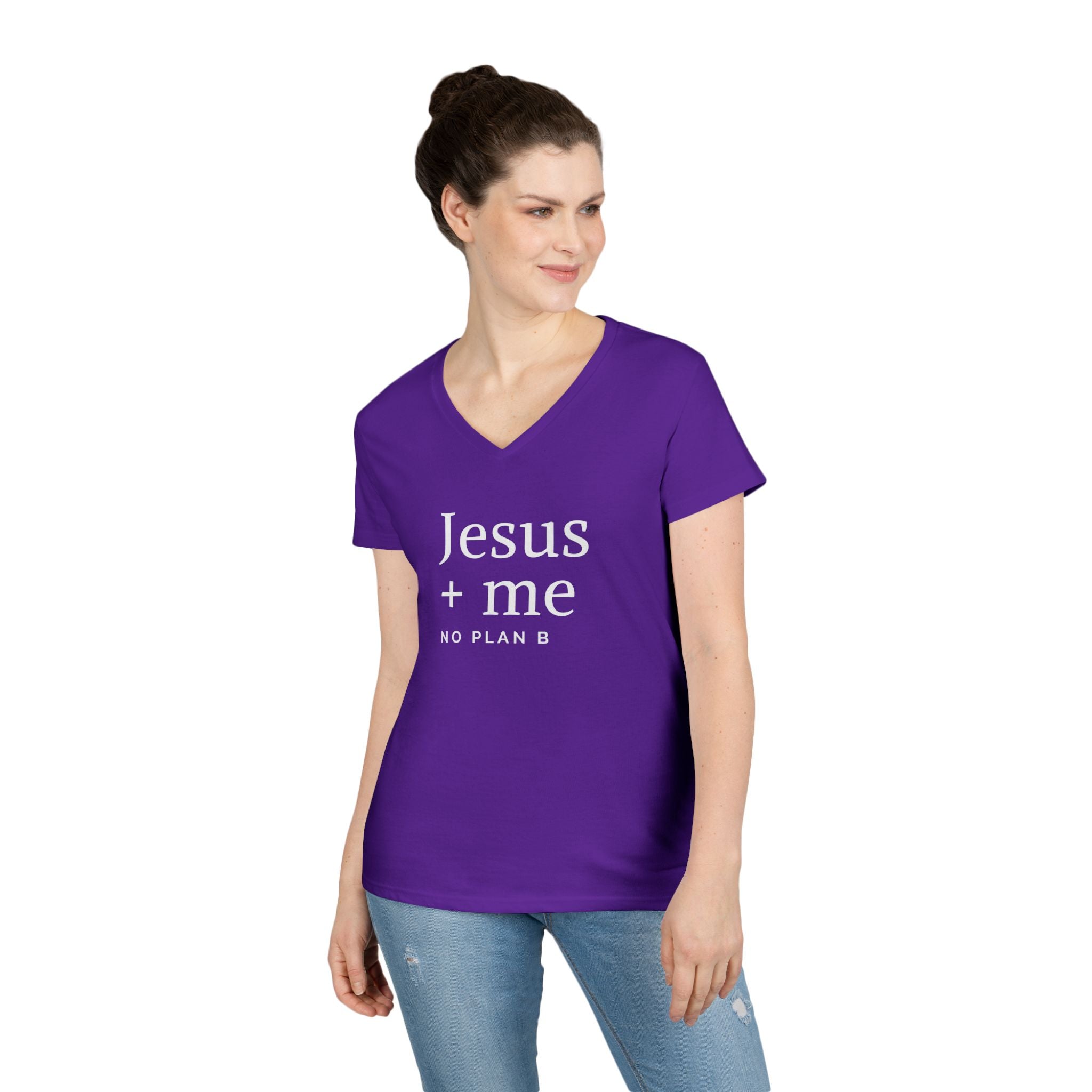 Jesus + Me V-Neck Tee — No Plan B Christian Women’s T-Shirt with Cross Back Design