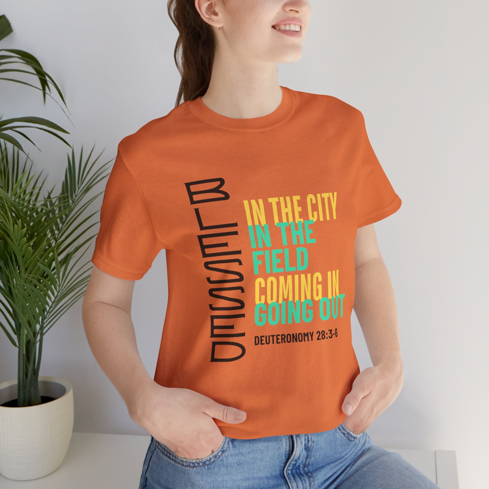 Blessed vertical text T-Shirt | In the city, in the field, coming in, going out