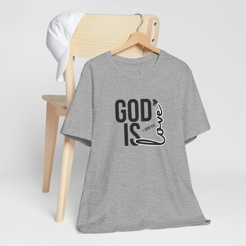 God Is Love T‑Shirt — Christian Faith Tee with Script Heart Design