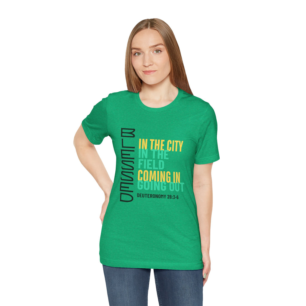 Blessed vertical text T-Shirt | In the city, in the field, coming in, going out