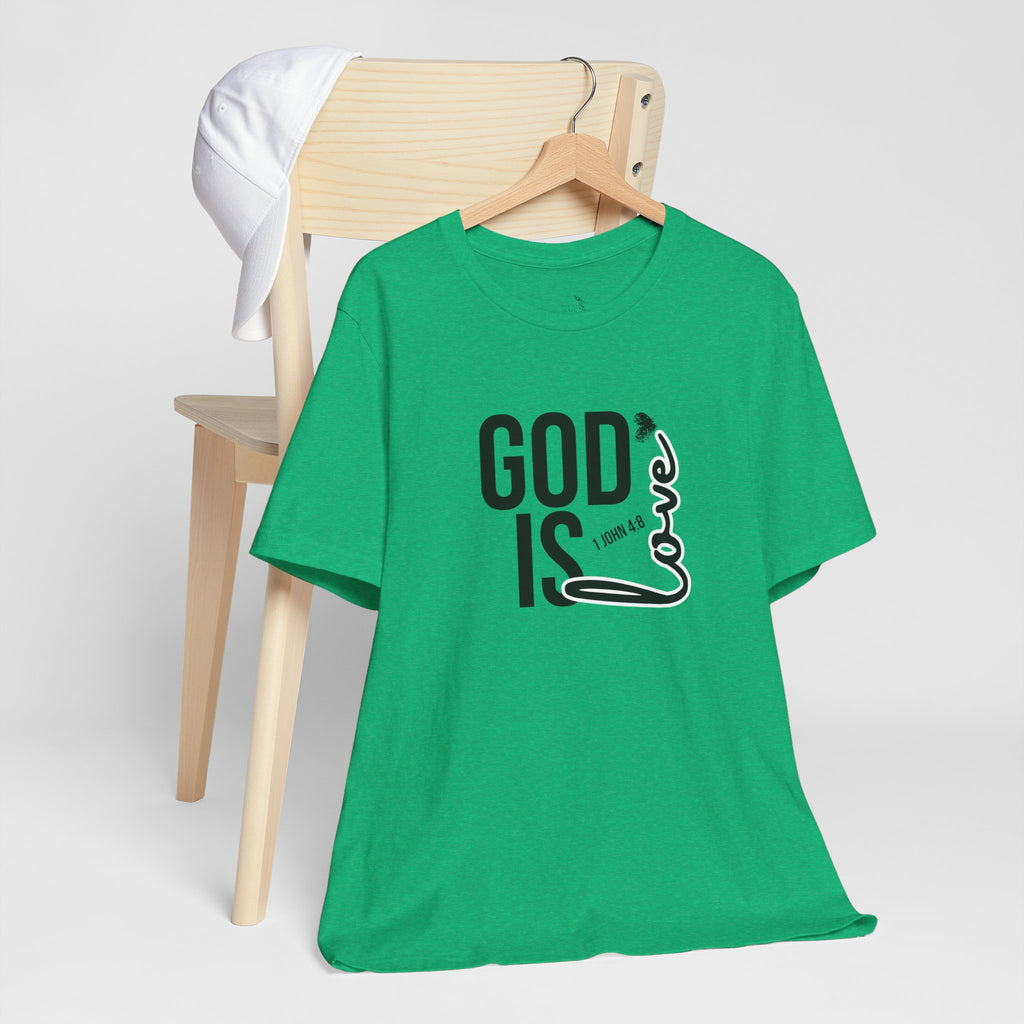 God Is Love T‑Shirt — Christian Faith Tee with Script Heart Design