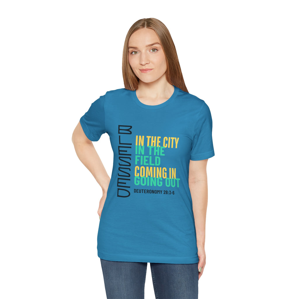 Blessed vertical text T-Shirt | In the city, in the field, coming in, going out