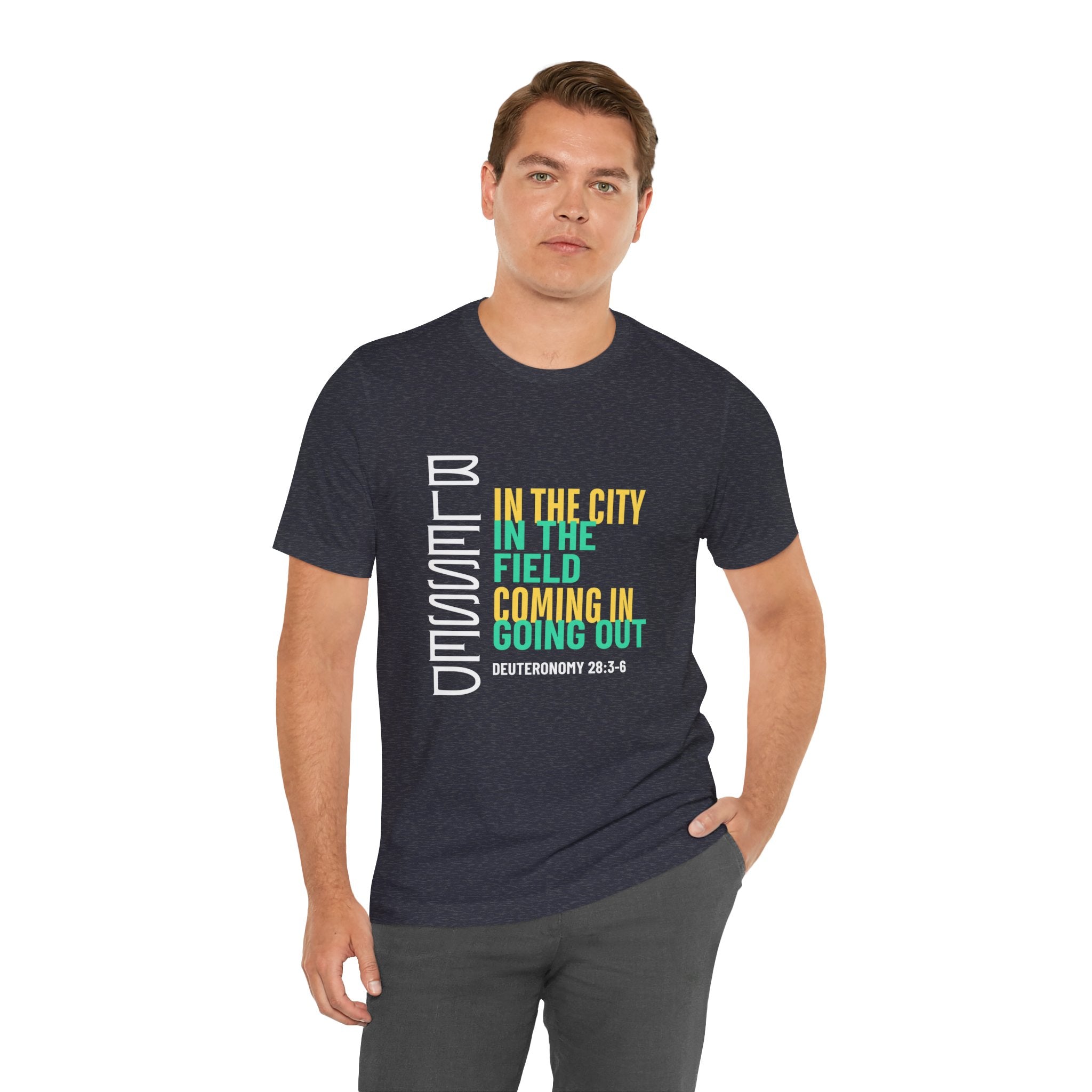 Blessed vertical text T-Shirt | In the city, in the field, coming in, going out