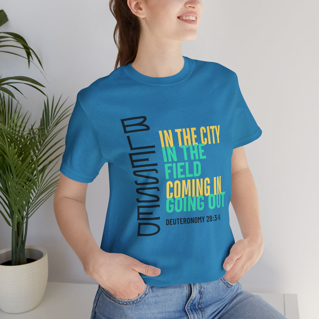 Blessed vertical text T-Shirt | In the city, in the field, coming in, going out
