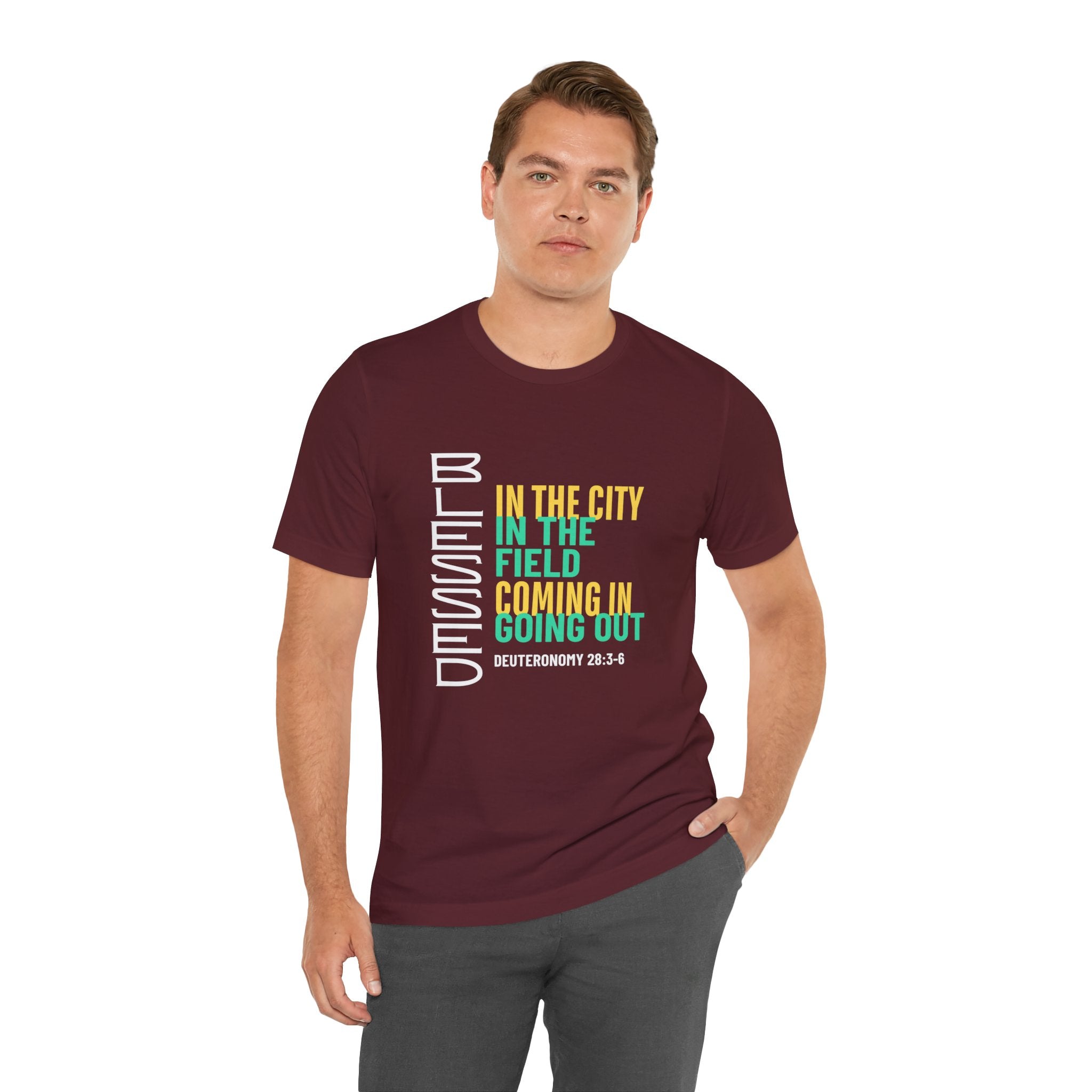 Blessed vertical text T-Shirt | In the city, in the field, coming in, going out