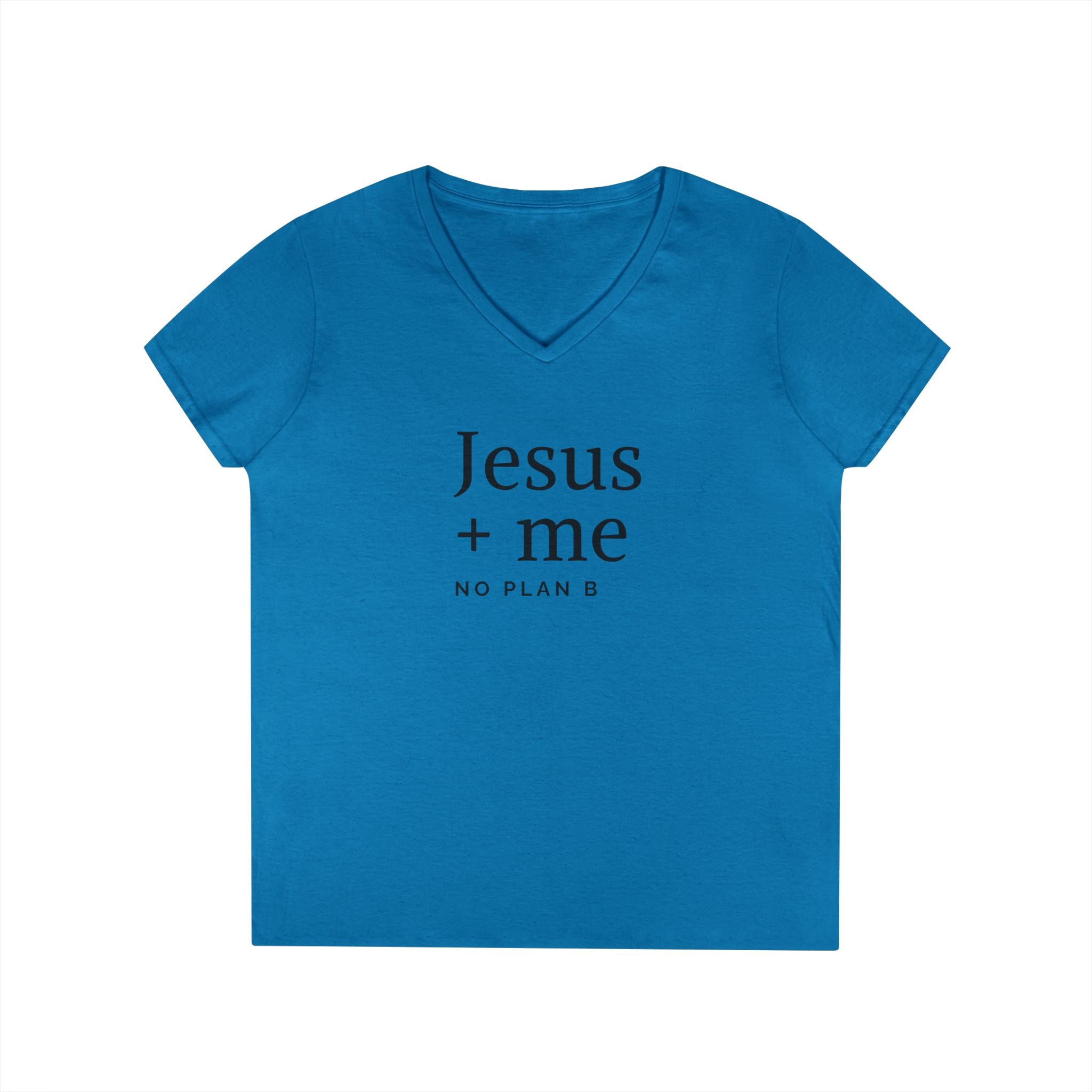 Jesus + Me V-Neck Tee — No Plan B Christian Women’s T-Shirt with Cross Back Design