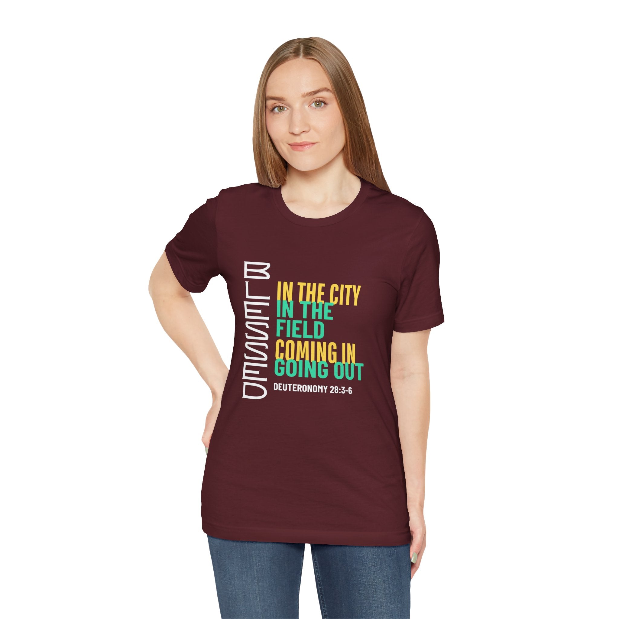 Blessed vertical text T-Shirt | In the city, in the field, coming in, going out