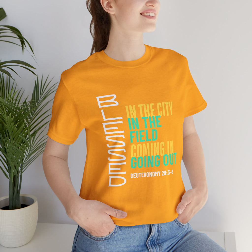 Blessed vertical text T-Shirt | In the city, in the field, coming in, going out