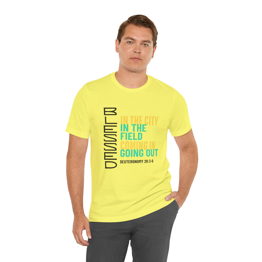 Blessed vertical text T-Shirt | In the city, in the field, coming in, going out