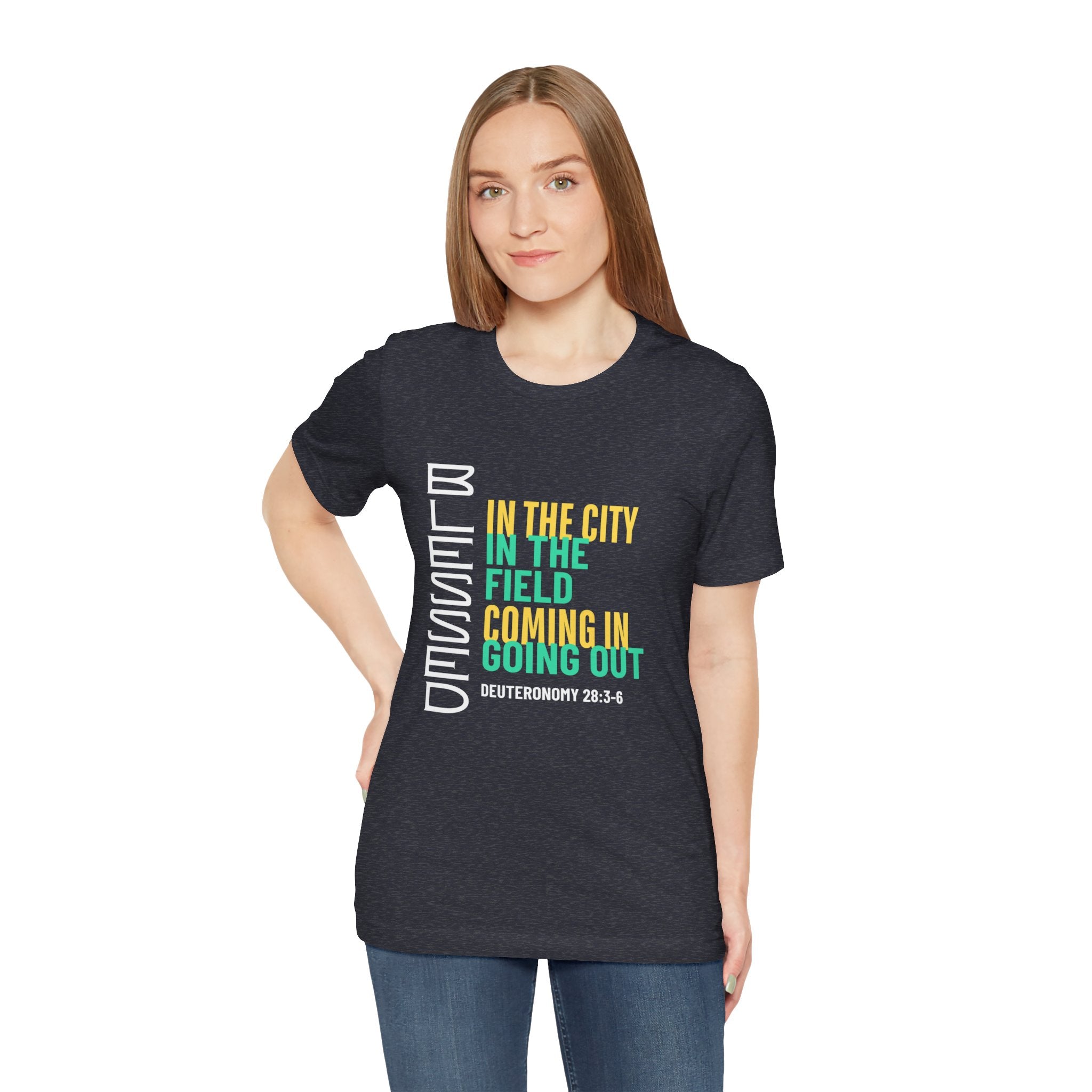 Blessed vertical text T-Shirt | In the city, in the field, coming in, going out