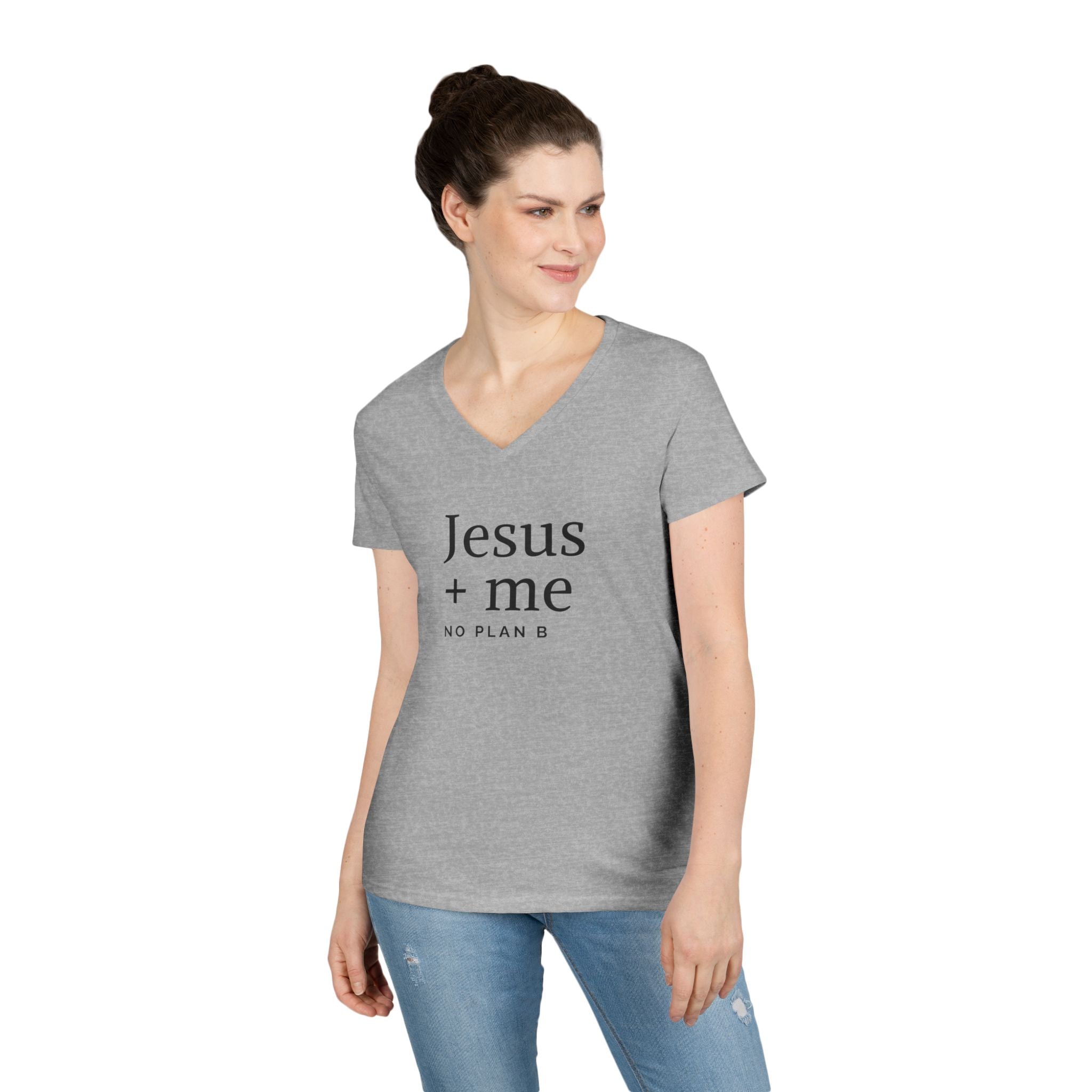 Jesus + Me V-Neck Tee — No Plan B Christian Women’s T-Shirt with Cross Back Design