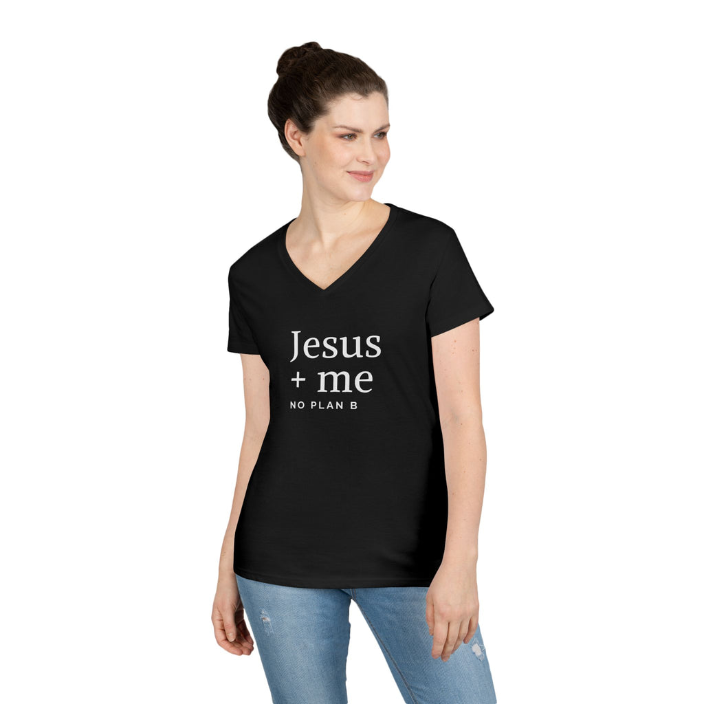 Jesus + Me V-Neck Tee — No Plan B Christian Women’s T-Shirt with Cross Back Design