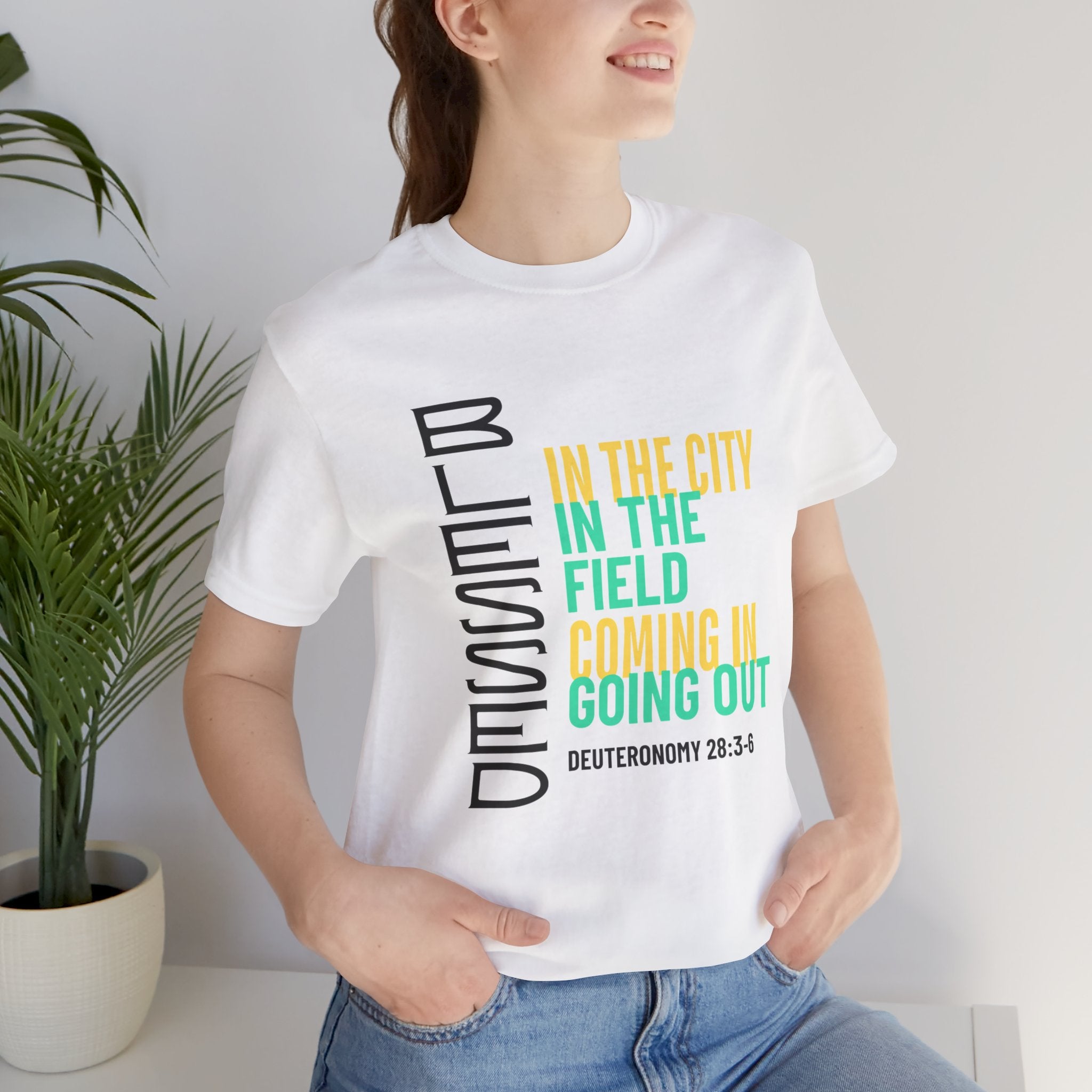 Blessed vertical text T-Shirt | In the city, in the field, coming in, going out