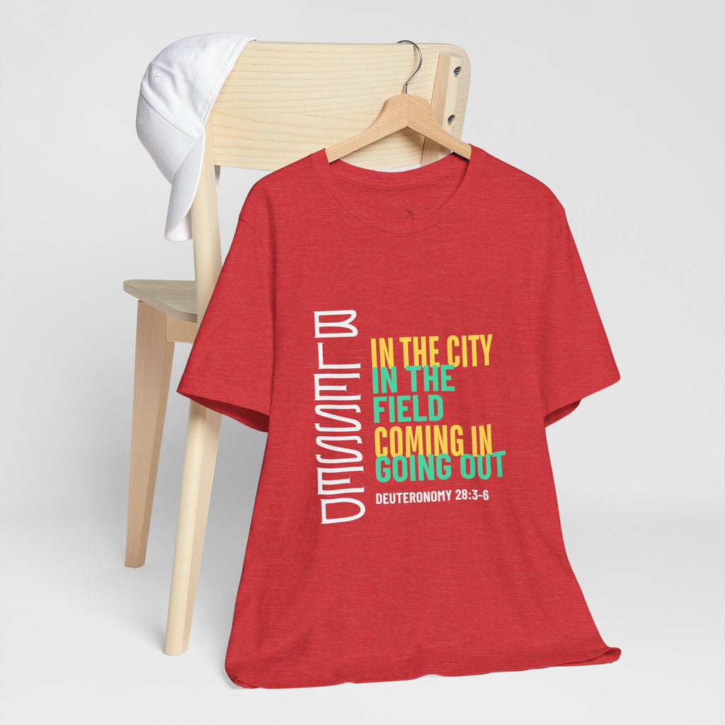 Blessed vertical text T-Shirt | In the city, in the field, coming in, going out